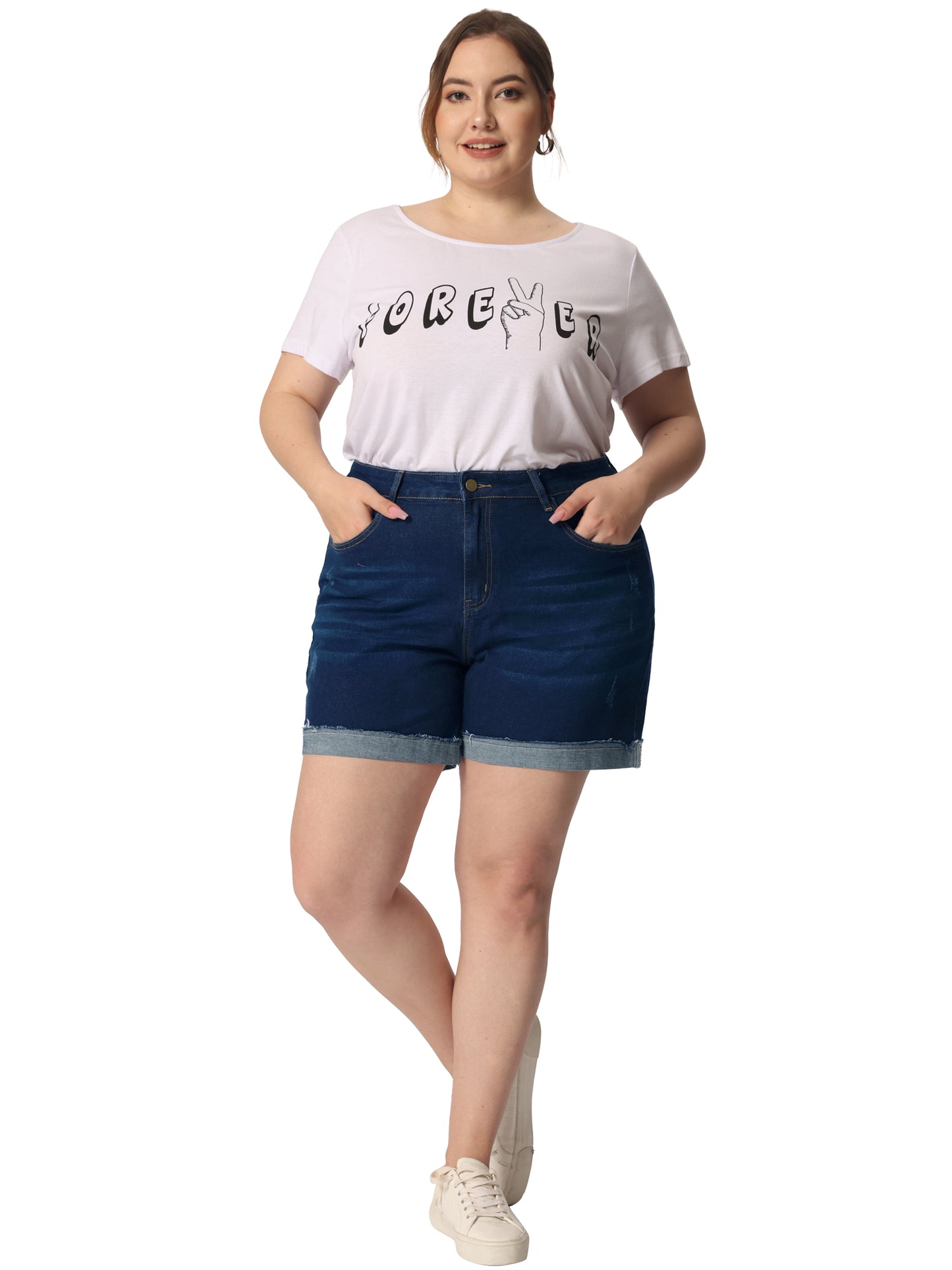 Pantalones cortos vaqueros de talla grande para mujer, con dobladillo enrollado y tiro medio, elásticos