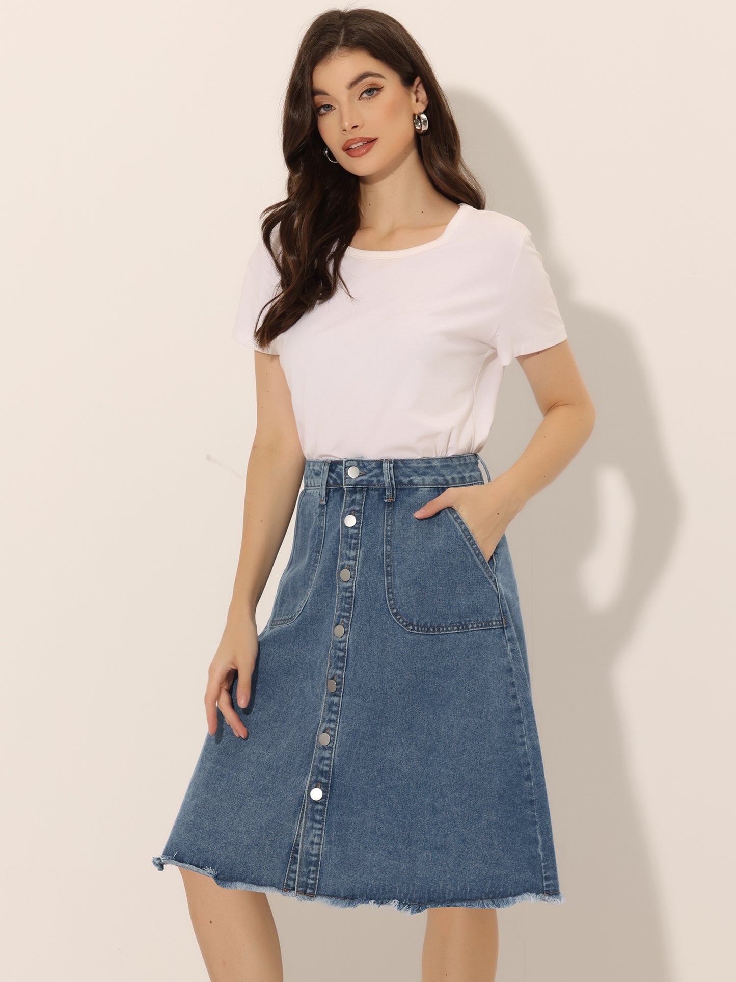 Women's Denim Skirts Raw Hem Button Down Midi Jeans Skirt