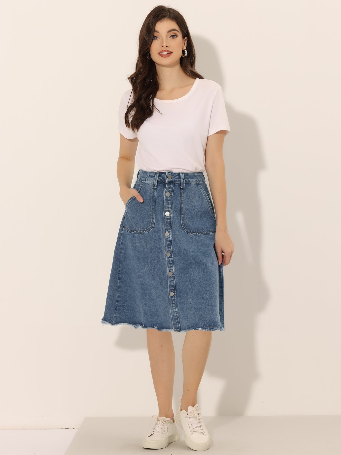Women's Denim Skirts Raw Hem Button Down Midi Jeans Skirt
