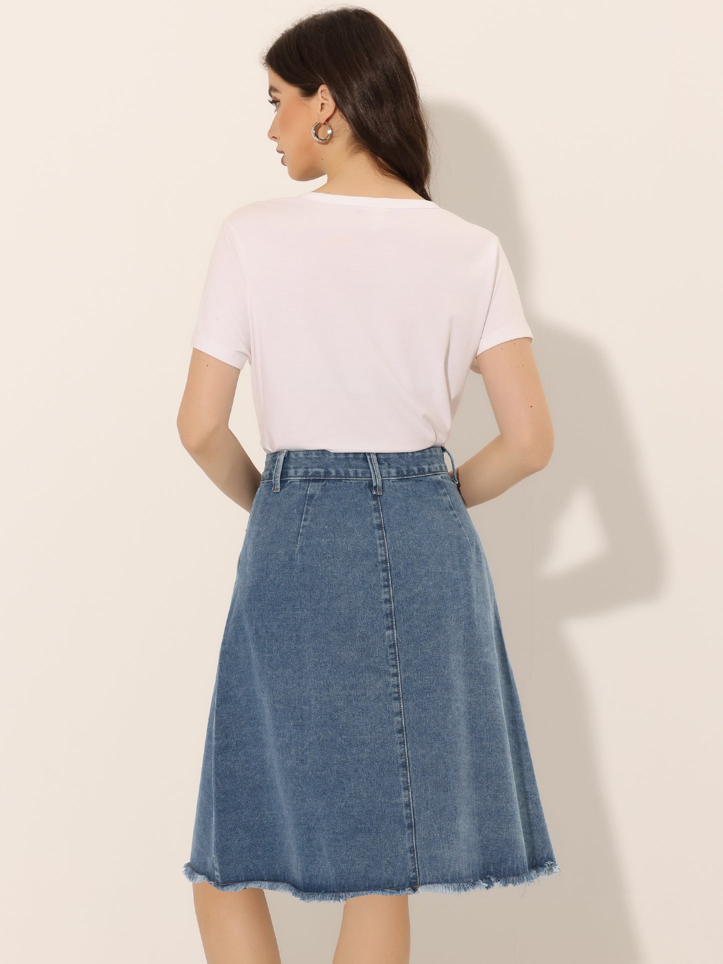 Women's Denim Skirts Raw Hem Button Down Midi Jeans Skirt