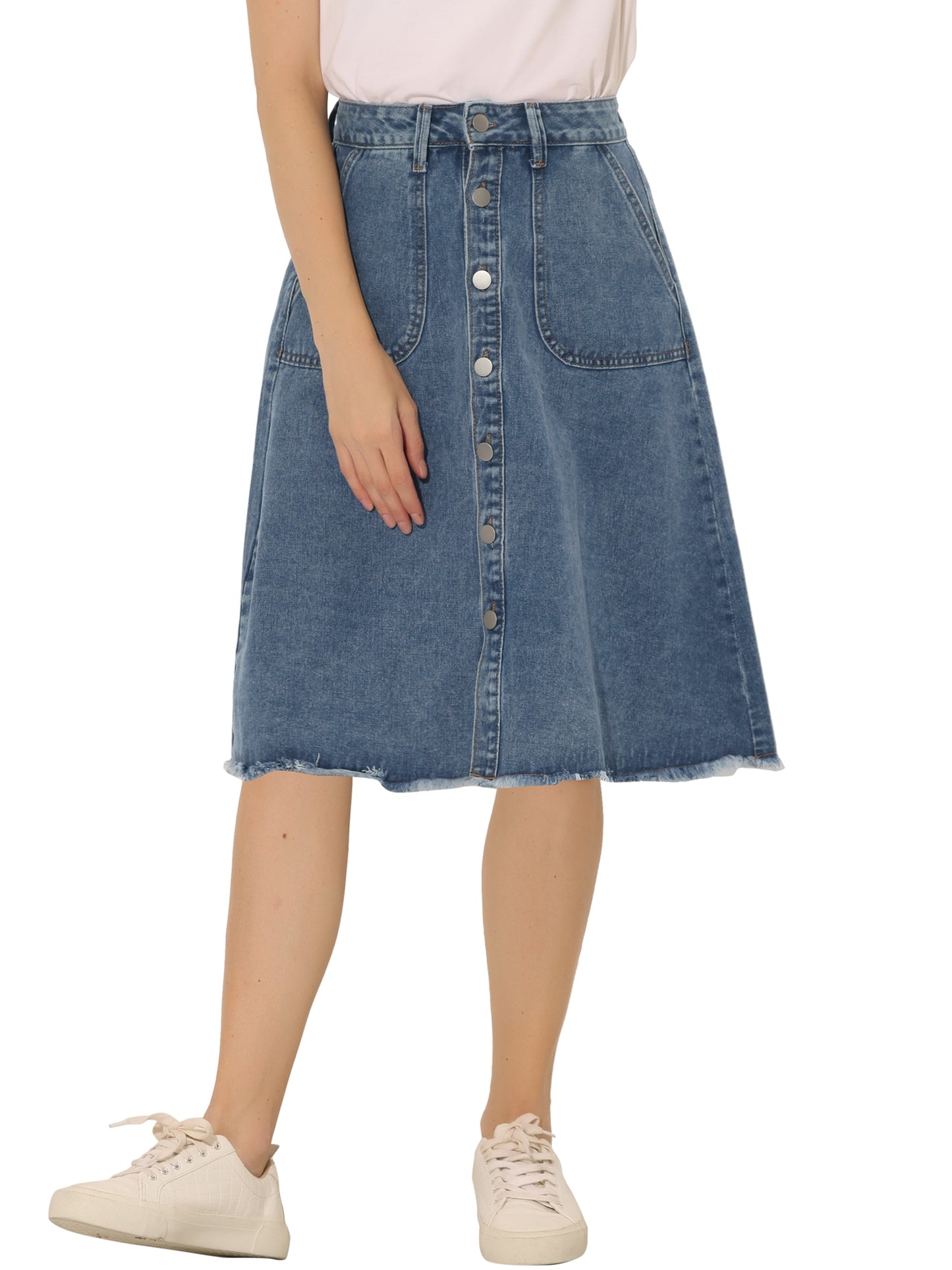 Women's Denim Skirts Raw Hem Button Down Midi Jeans Skirt