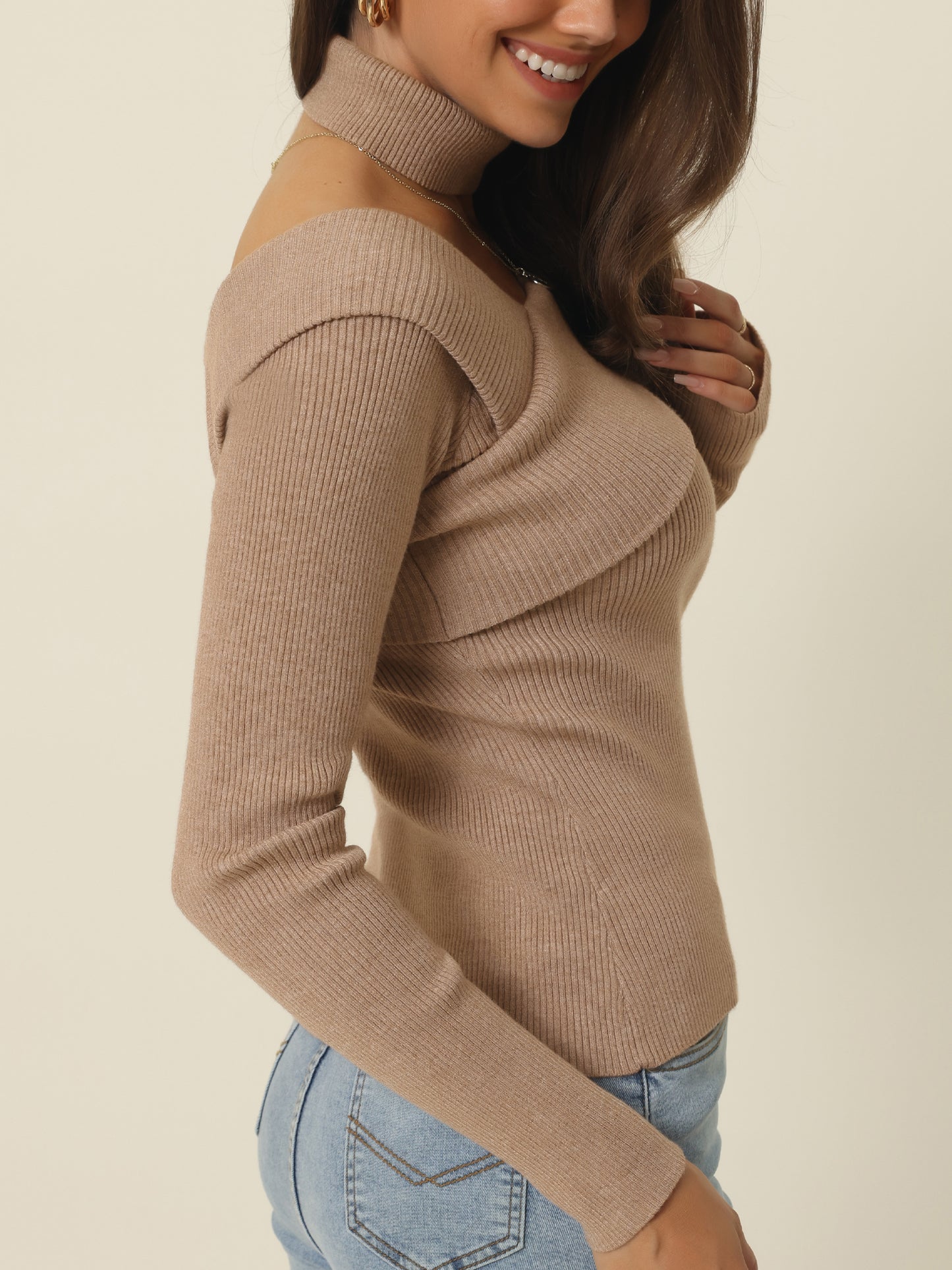 Women's Off Shoulder Sweater Long Sleeve Ribbed Knit Jumper Solid Pullover Top