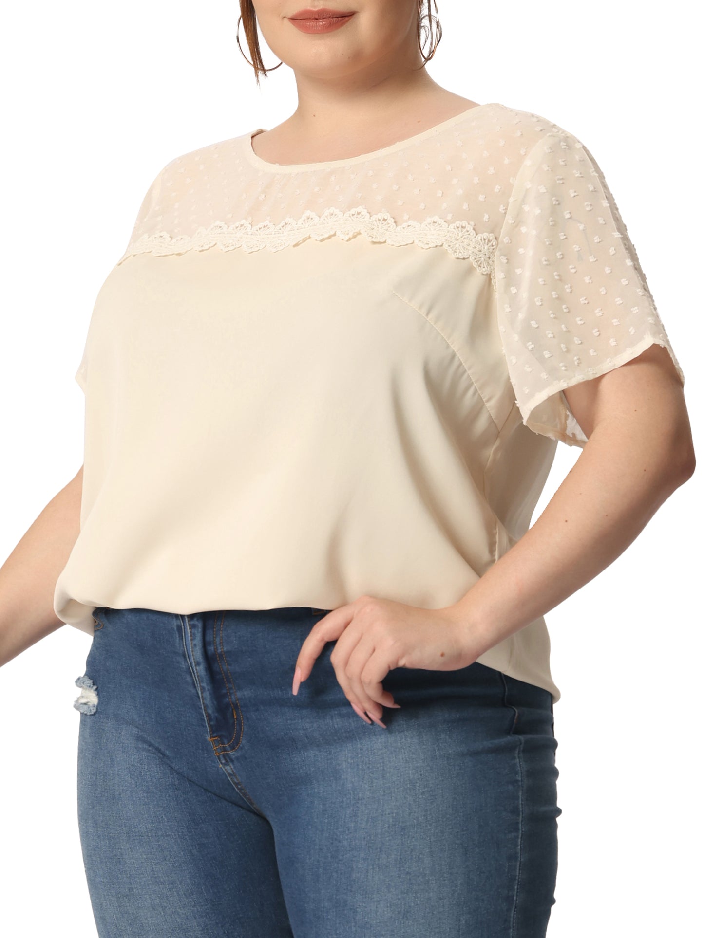 Women's Plus Size Round Neck Short Sleeves Polka Dots Lace Panel Summer Blouse
