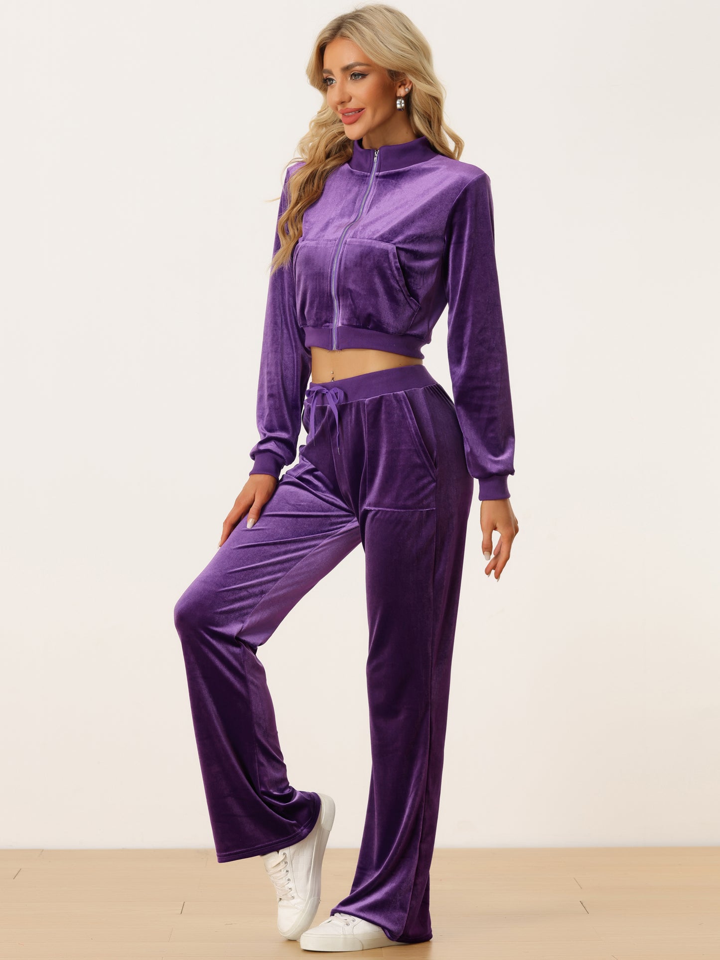 Women's Two Piece Velvet Outfits Crop Jacket Tracksuit Drawstring Sweatpants
