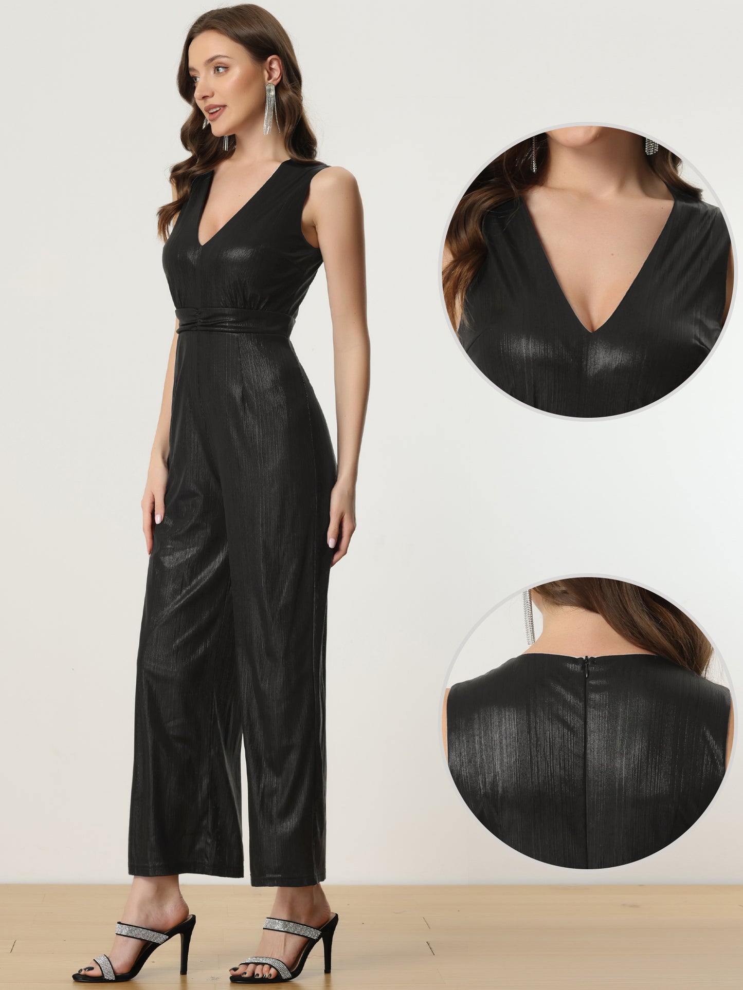 Women's Sequin Jumpsuit V Neck Glitter Sparkly Metallic Jumpsuit