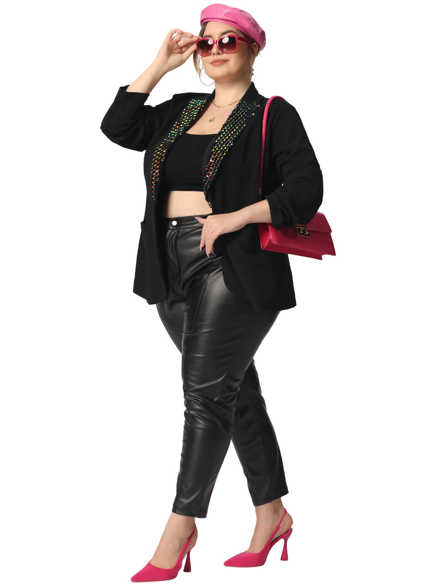 Women's Plus Size Shiny Sequin Blazer Jacket Button Lapel Glam Blazer