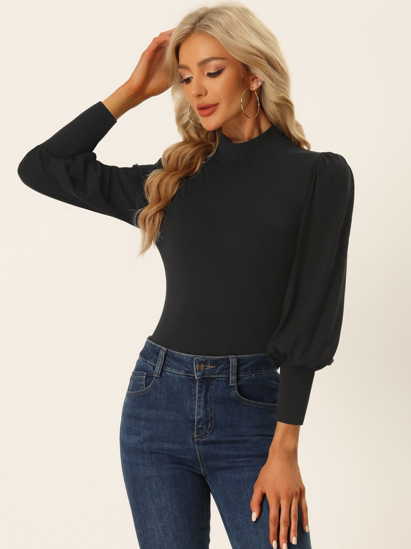 Women's Mock Neck Puff Sleeve Long Sleeves T Shirts Tops Bodysuits