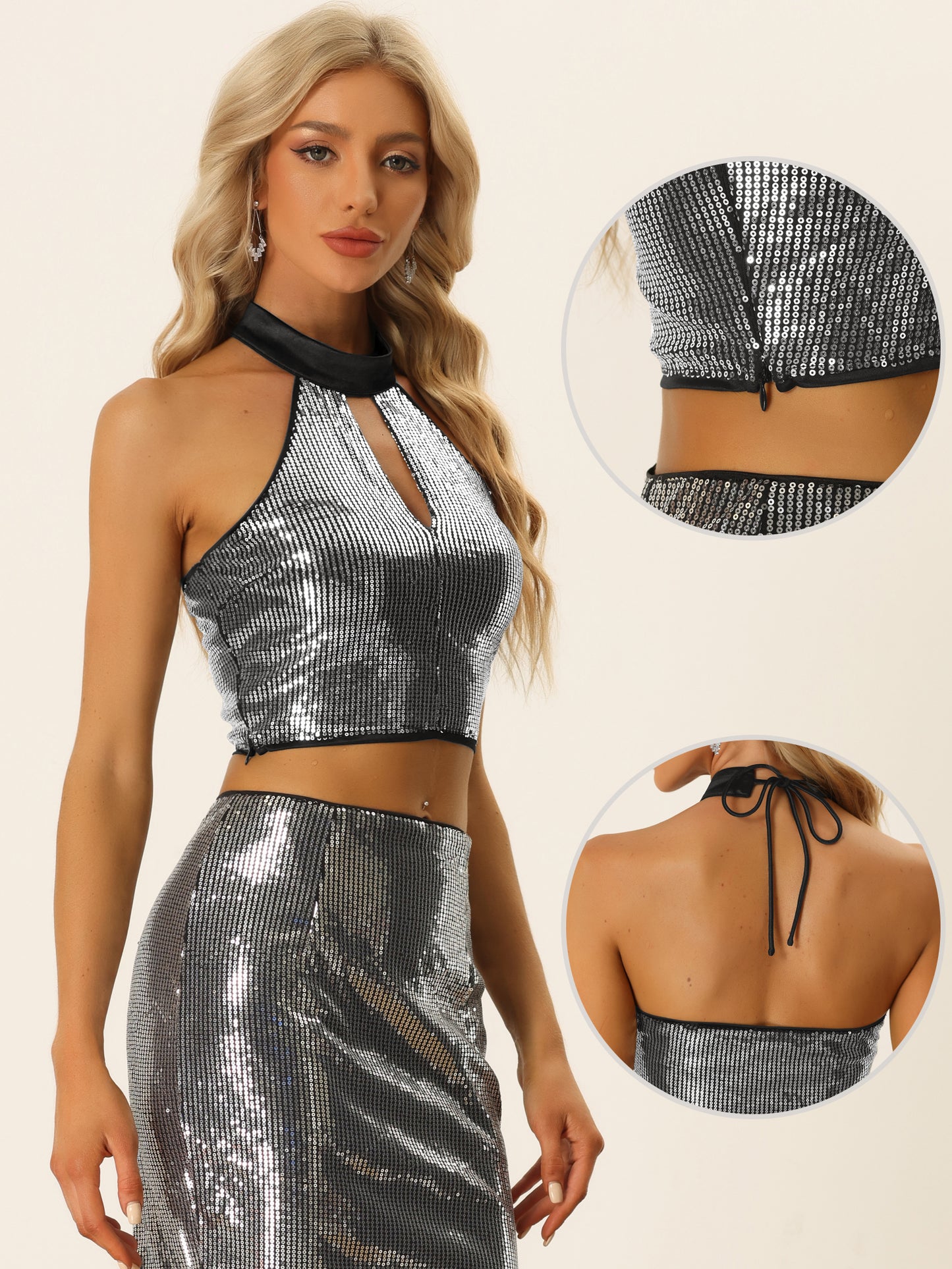 Women's Metallic Crop Top Sleeveless Halter Neck Sequin Party Cut-Out Sparkly Tops