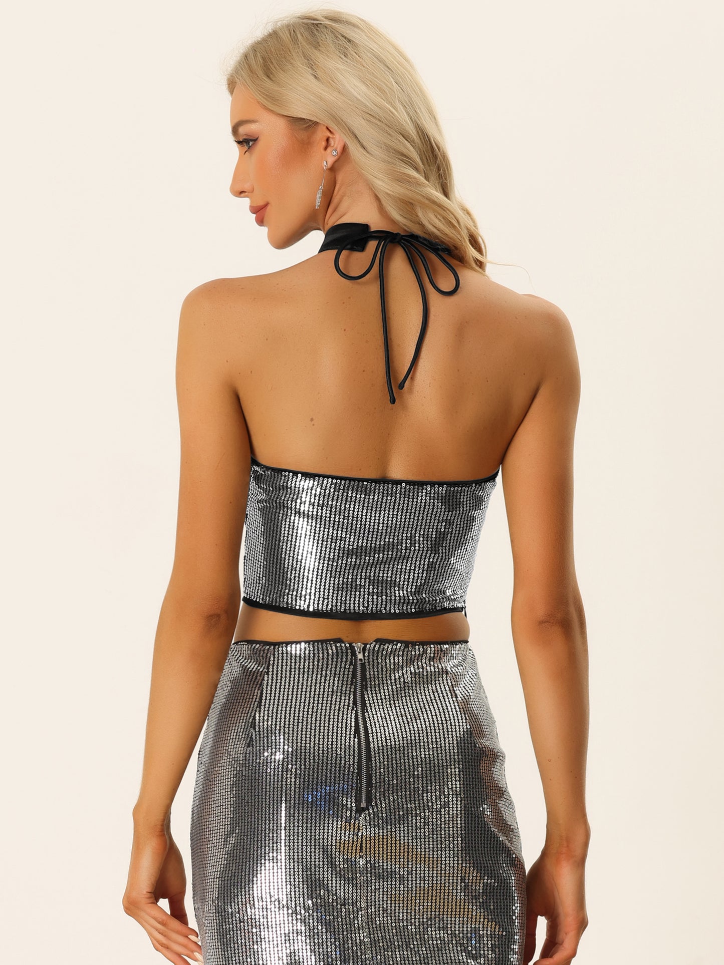 Women's Metallic Crop Top Sleeveless Halter Neck Sequin Party Cut-Out Sparkly Tops