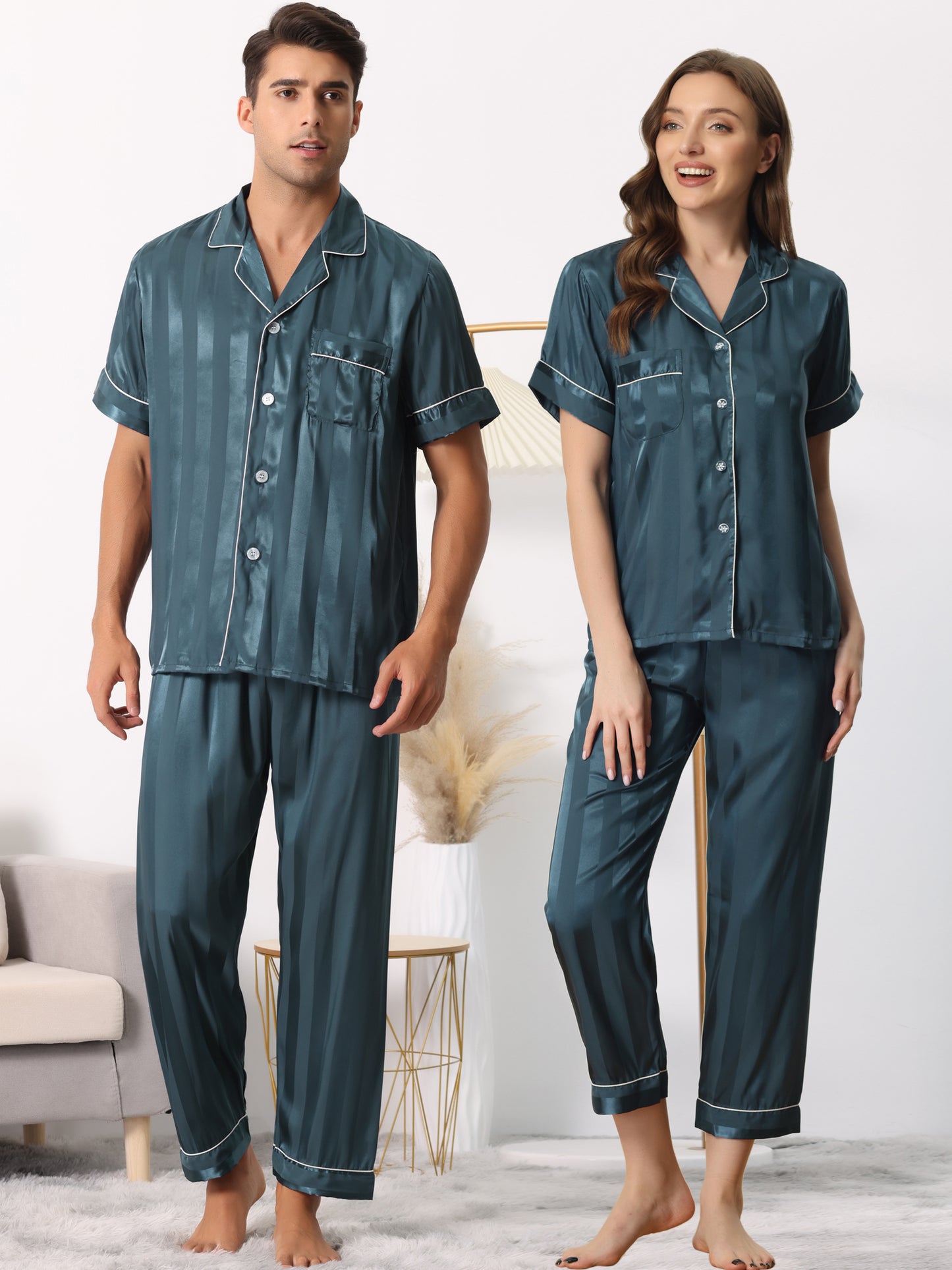 Women's Satin Button Down Sleepwear Striped Short Sleeve Long Pants Silky Pajama Set