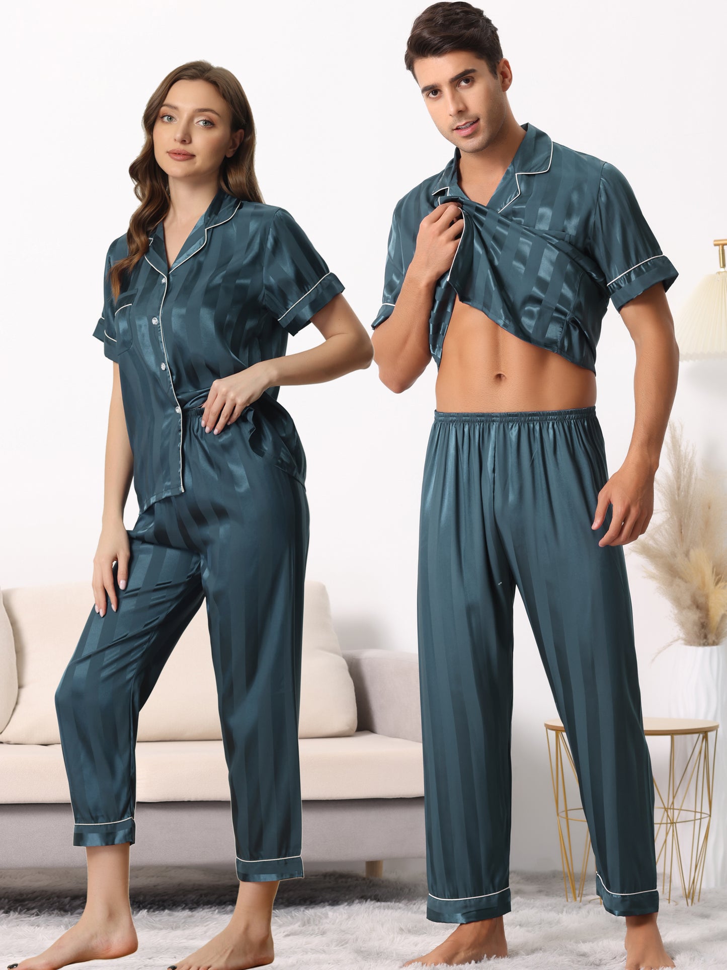 Women's Satin Button Down Sleepwear Striped Short Sleeve Long Pants Silky Pajama Set