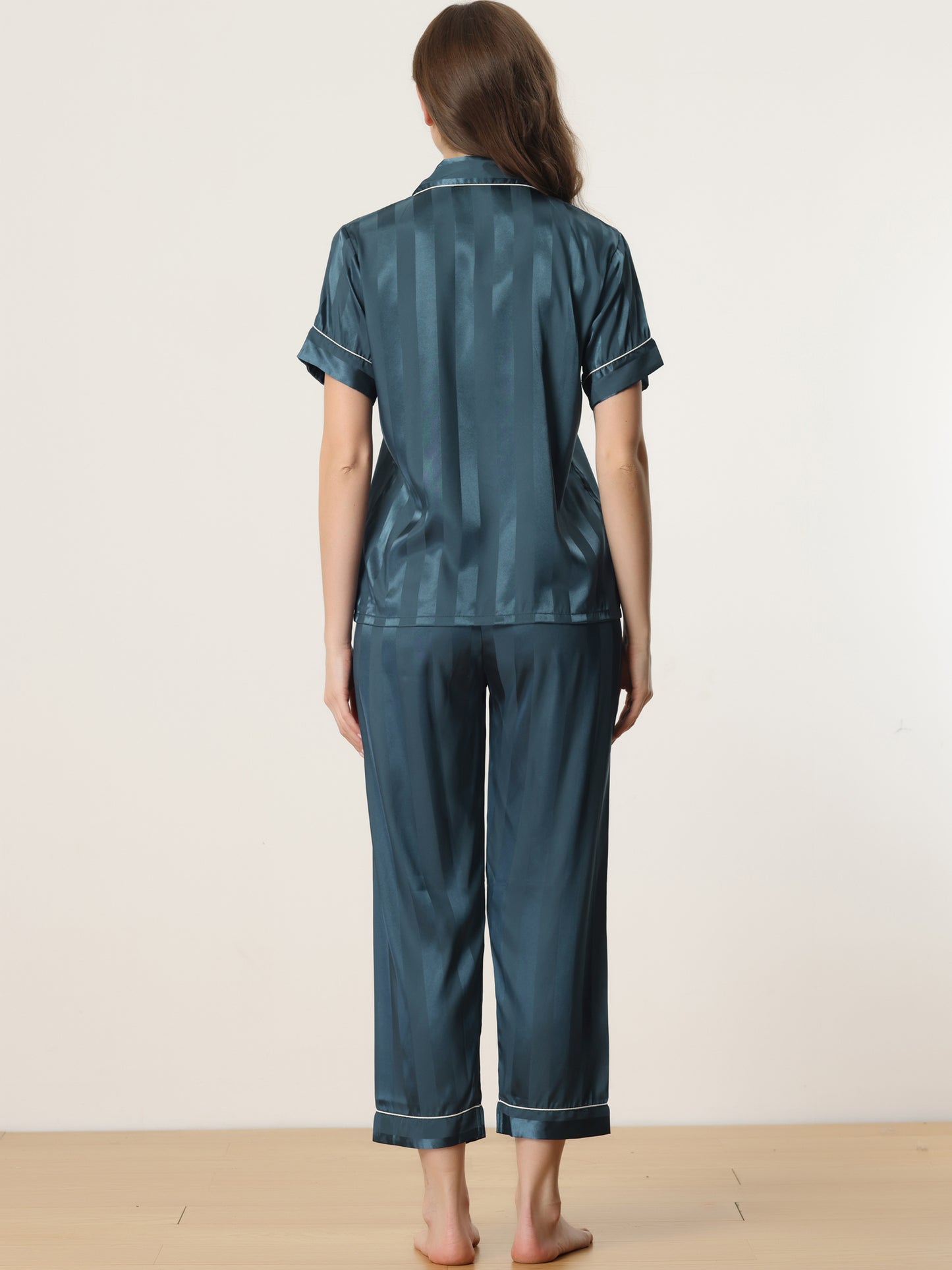 Women's Satin Button Down Sleepwear Striped Short Sleeve Long Pants Silky Pajama Set