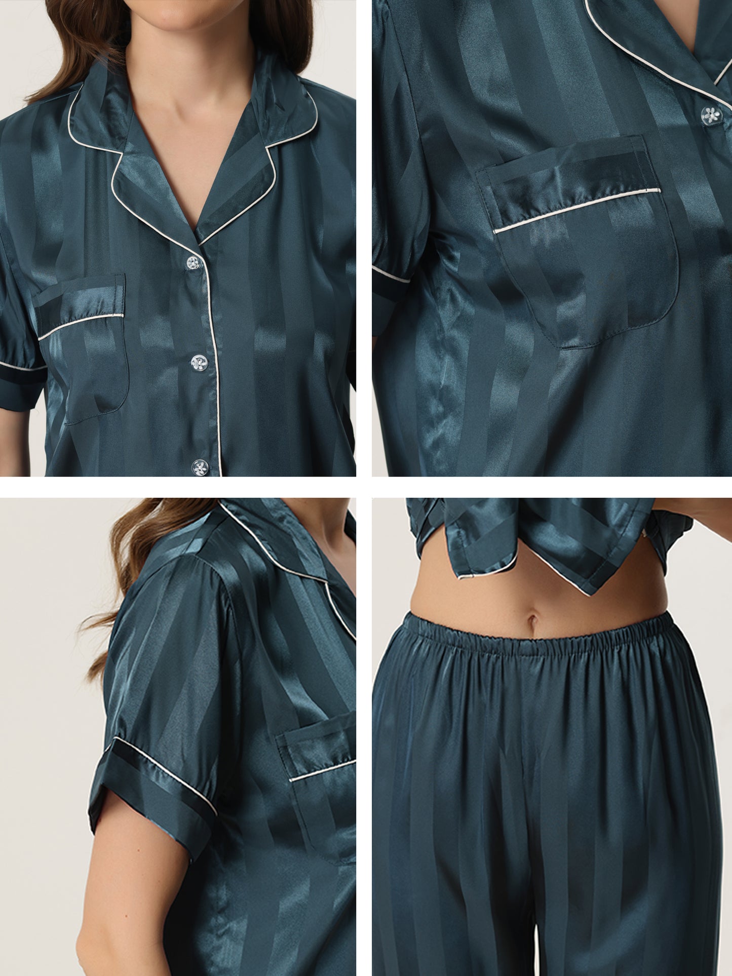 Women's Satin Button Down Sleepwear Striped Short Sleeve Long Pants Silky Pajama Set