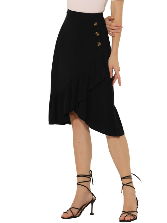 Women's High Waisted Button Decor Asymmetrical Ruffle Hem Skirt