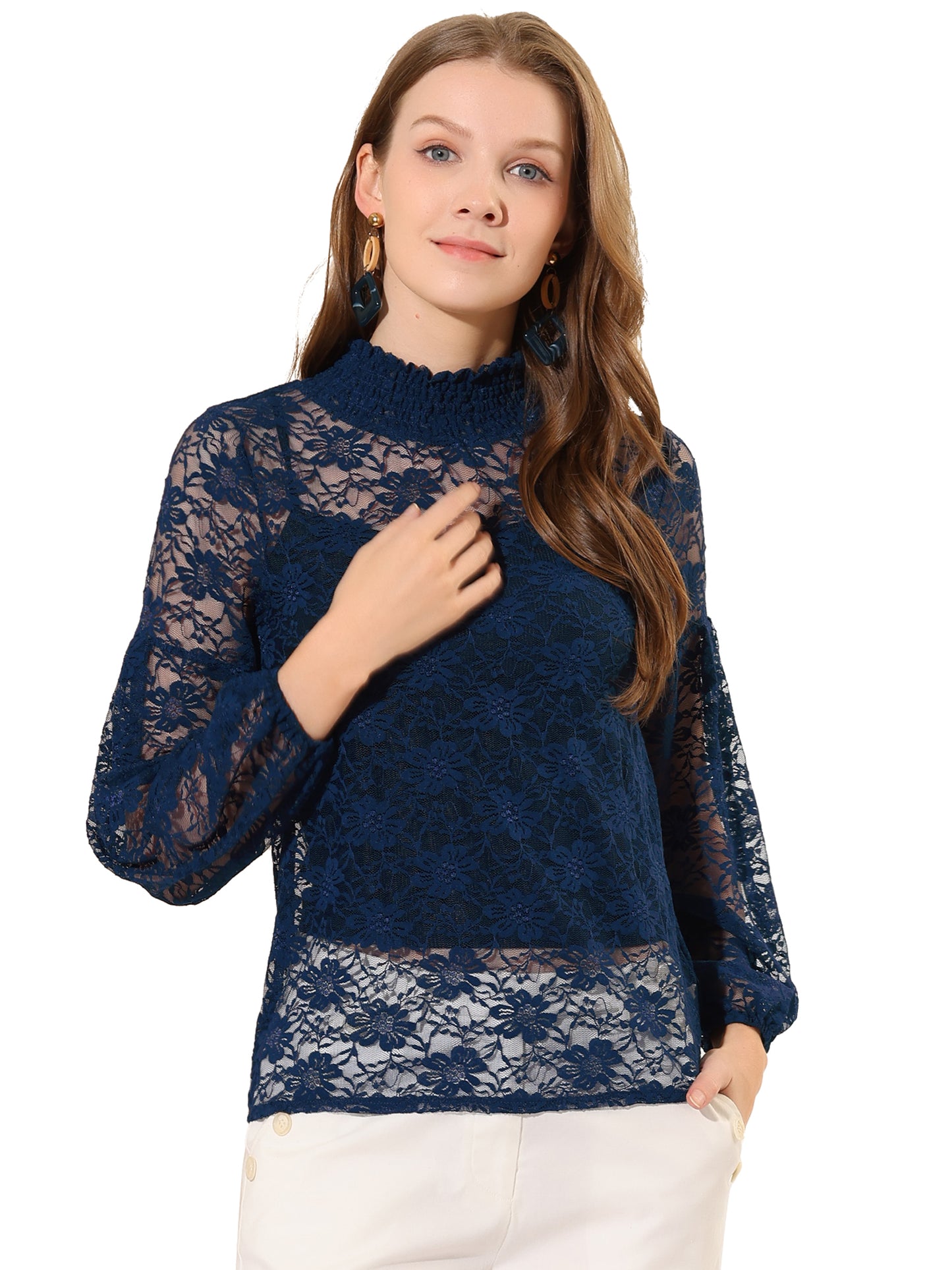 Women's Floral Lace Turtleneck Puff Long Sleeve See Through Sheer Blouse