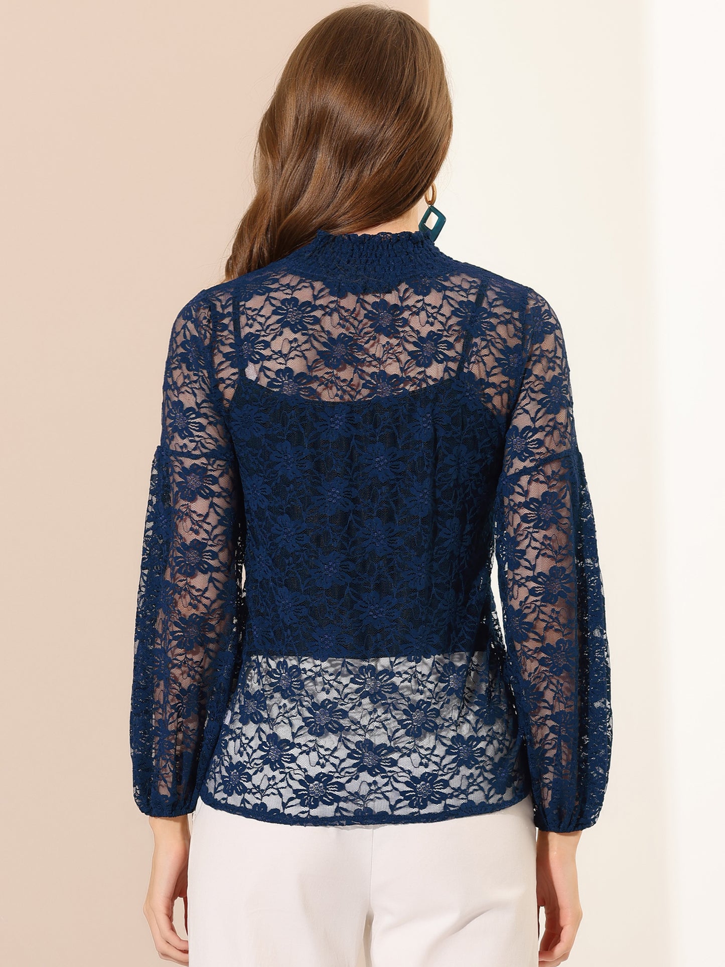 Women's Floral Lace Turtleneck Puff Long Sleeve See Through Sheer Blouse