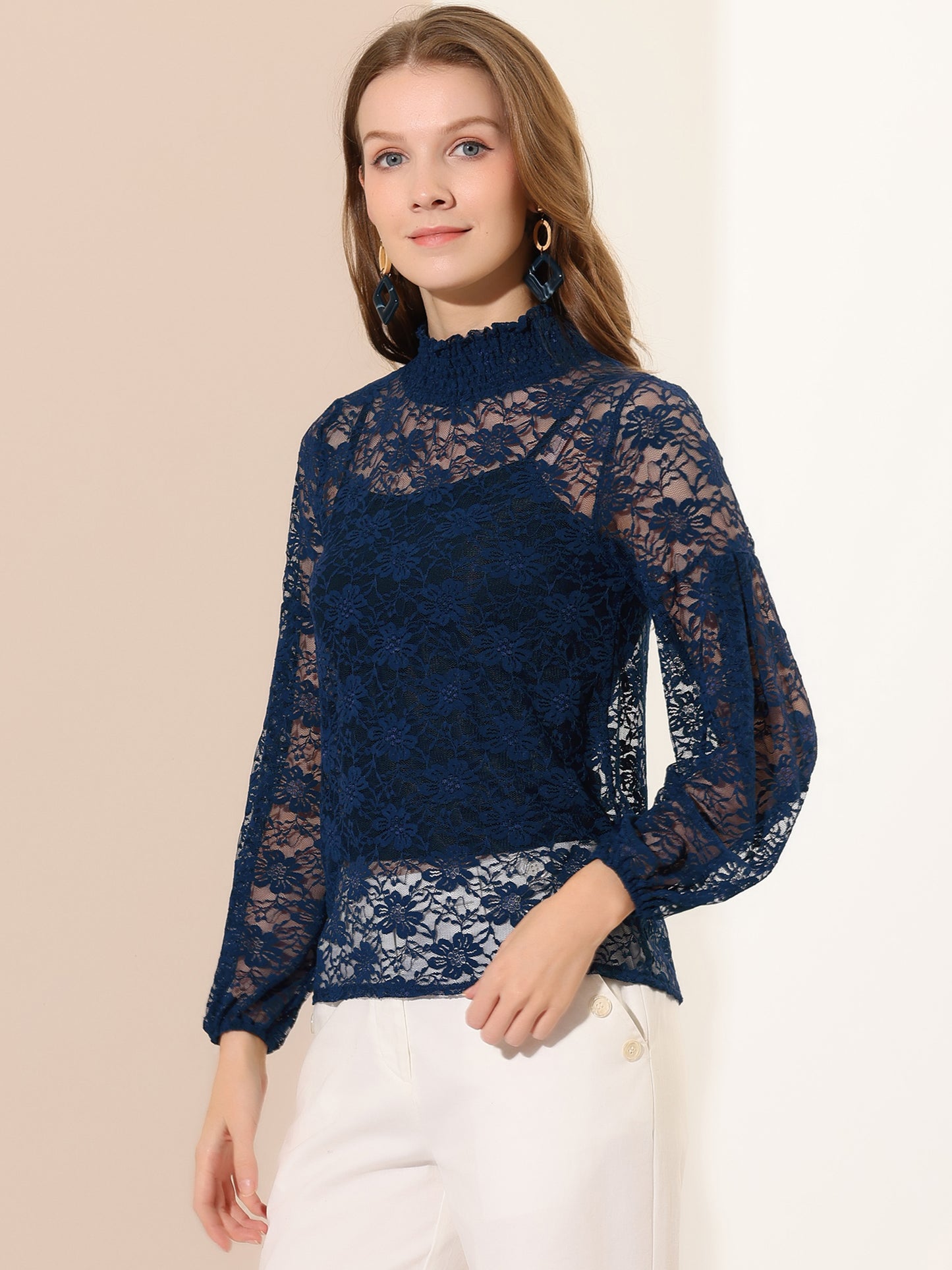 Women's Floral Lace Turtleneck Puff Long Sleeve See Through Sheer Blouse