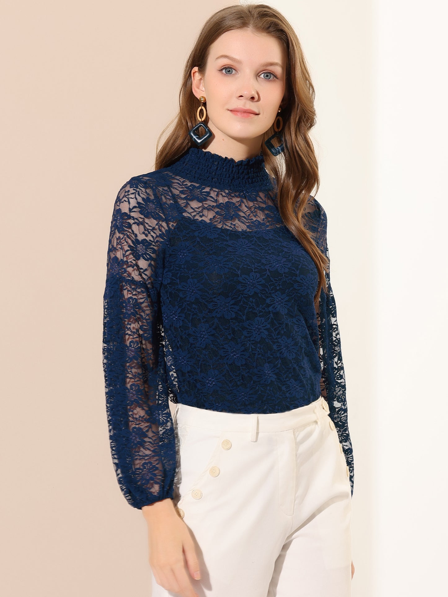Women's Floral Lace Turtleneck Puff Long Sleeve See Through Sheer Blouse