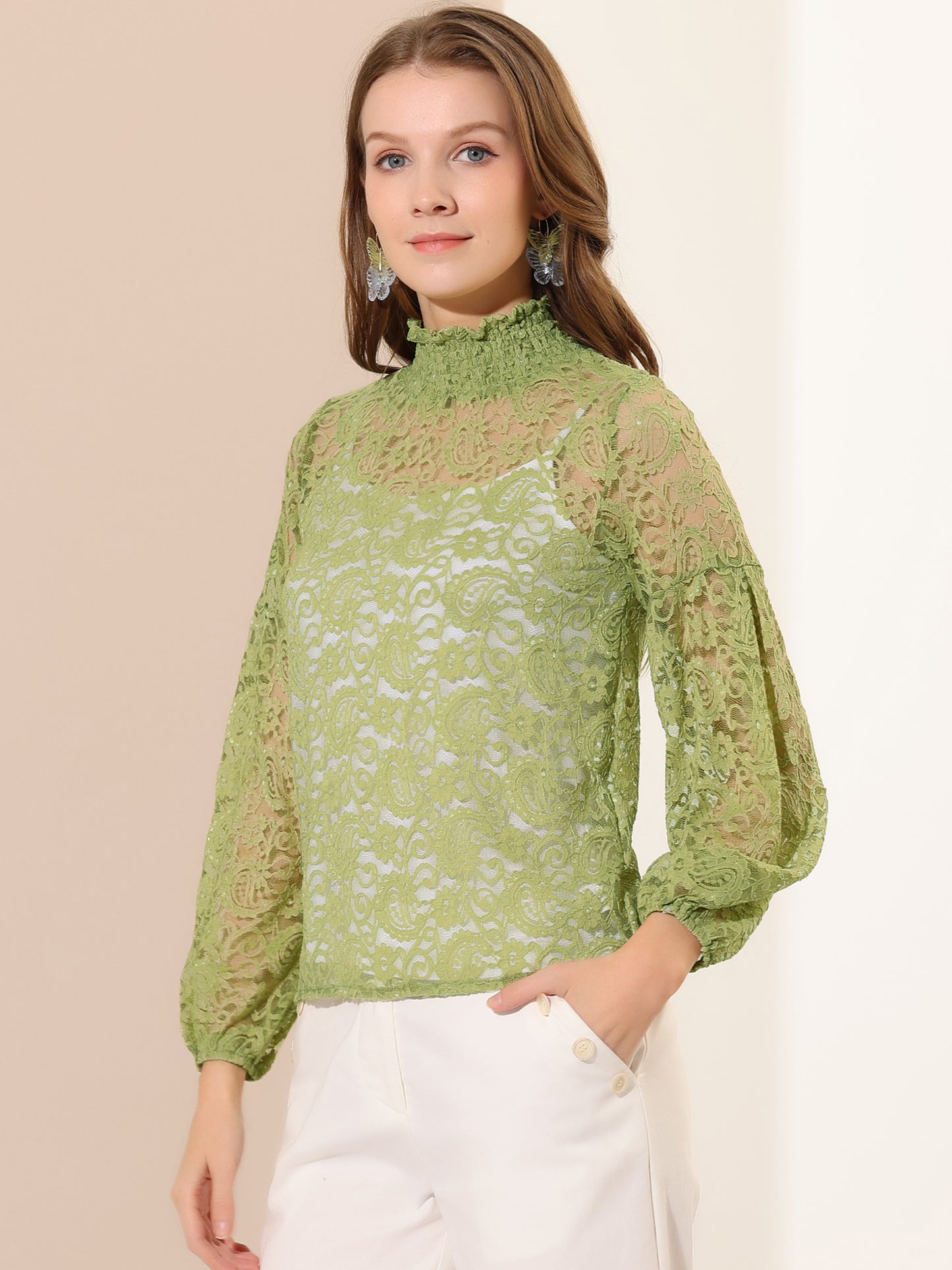 Women's Floral Lace Turtleneck Puff Long Sleeve See Through Sheer Blouse