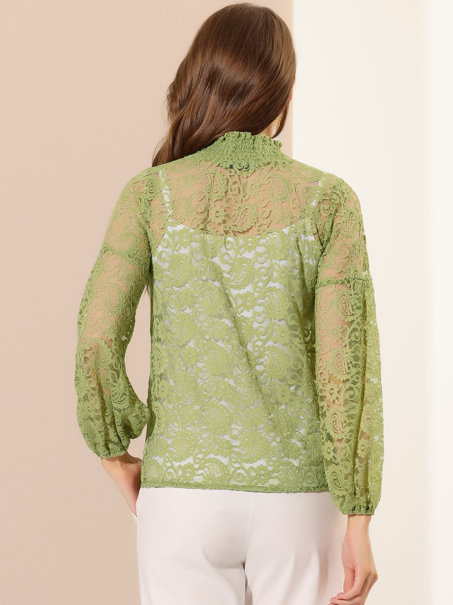 Women's Floral Lace Turtleneck Puff Long Sleeve See Through Sheer Blouse