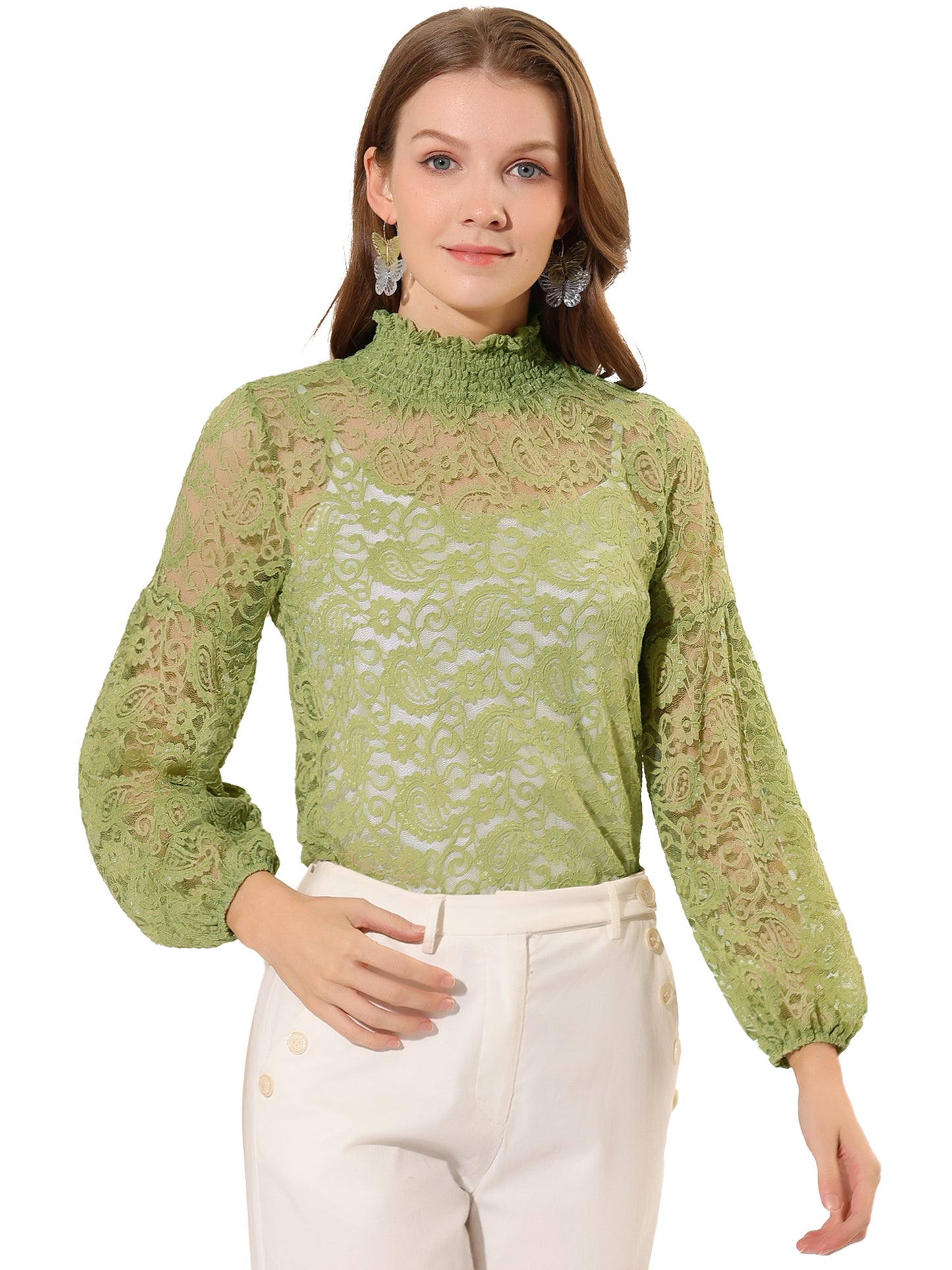Women's Floral Lace Turtleneck Puff Long Sleeve See Through Sheer Blouse