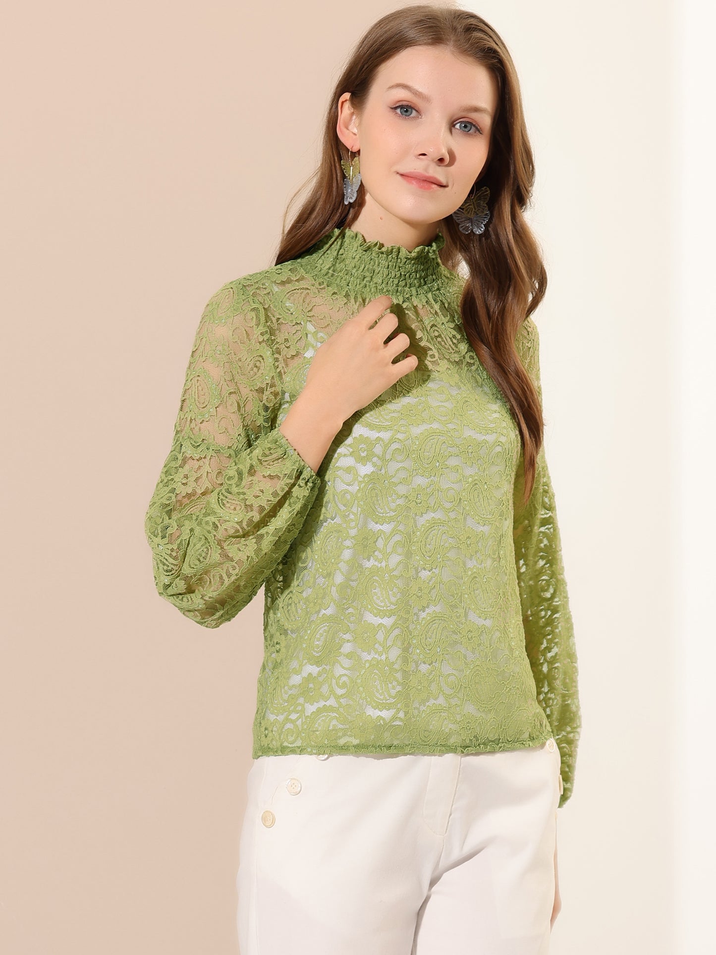 Women's Floral Lace Turtleneck Puff Long Sleeve See Through Sheer Blouse