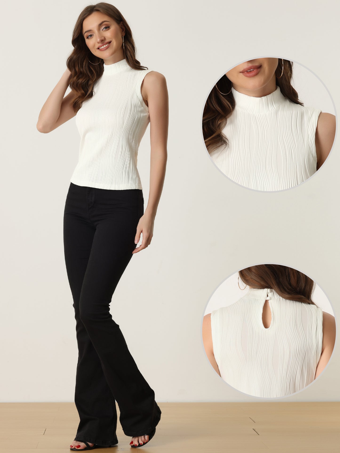 Women's Sleeveless Fitted Top Mock Neck Textured Ribbed Knit Tank Tops