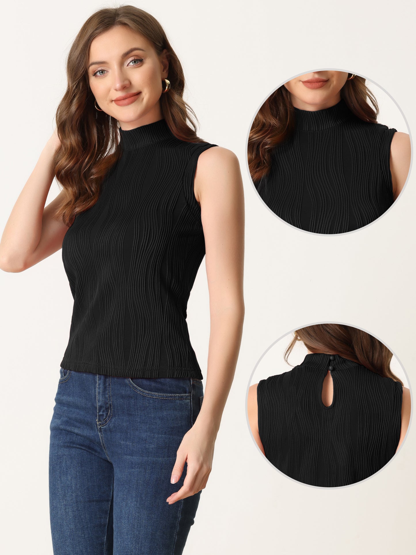 Women's Sleeveless Fitted Top Mock Neck Textured Ribbed Knit Tank Tops