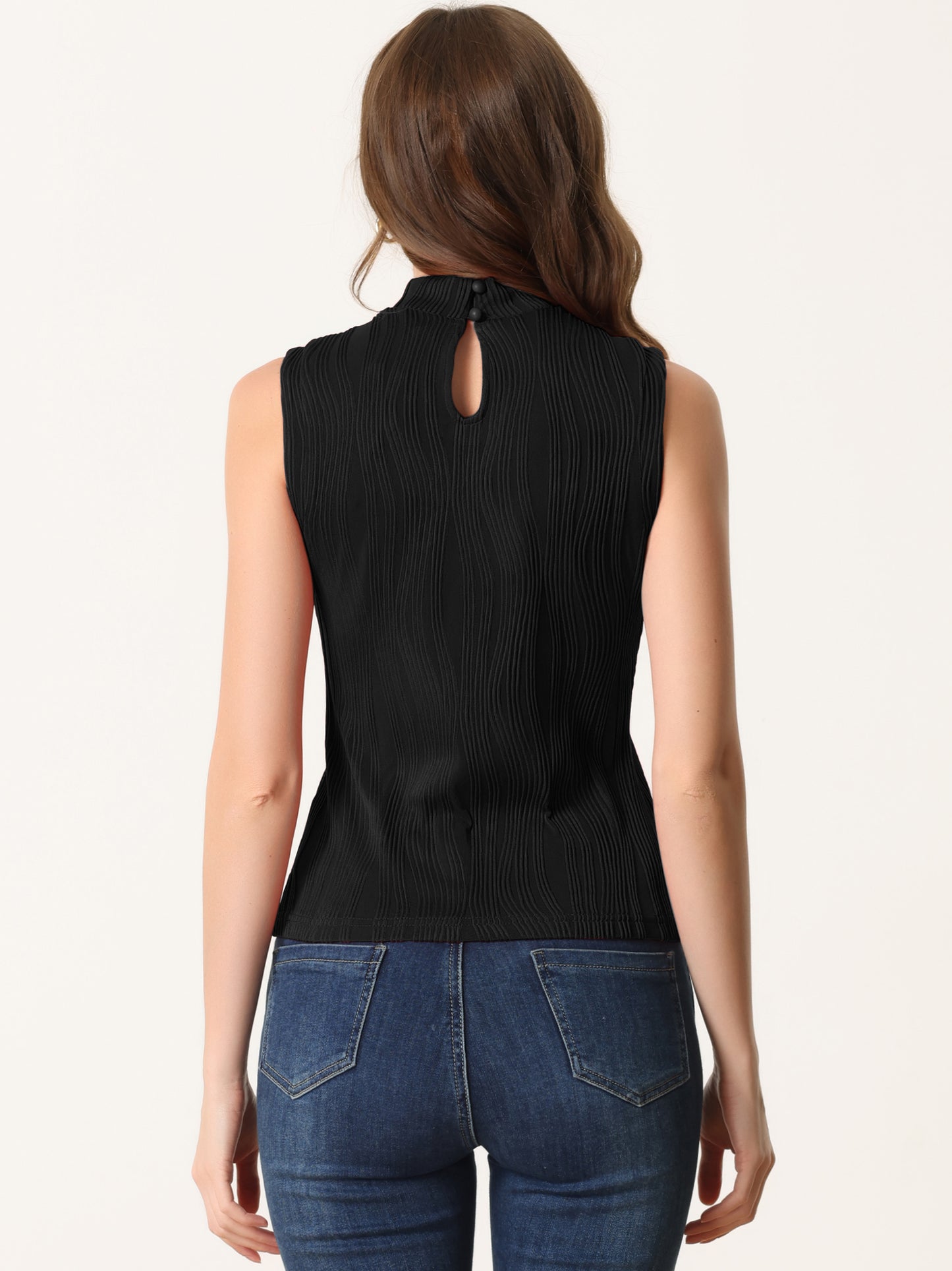 Women's Sleeveless Fitted Top Mock Neck Textured Ribbed Knit Tank Tops