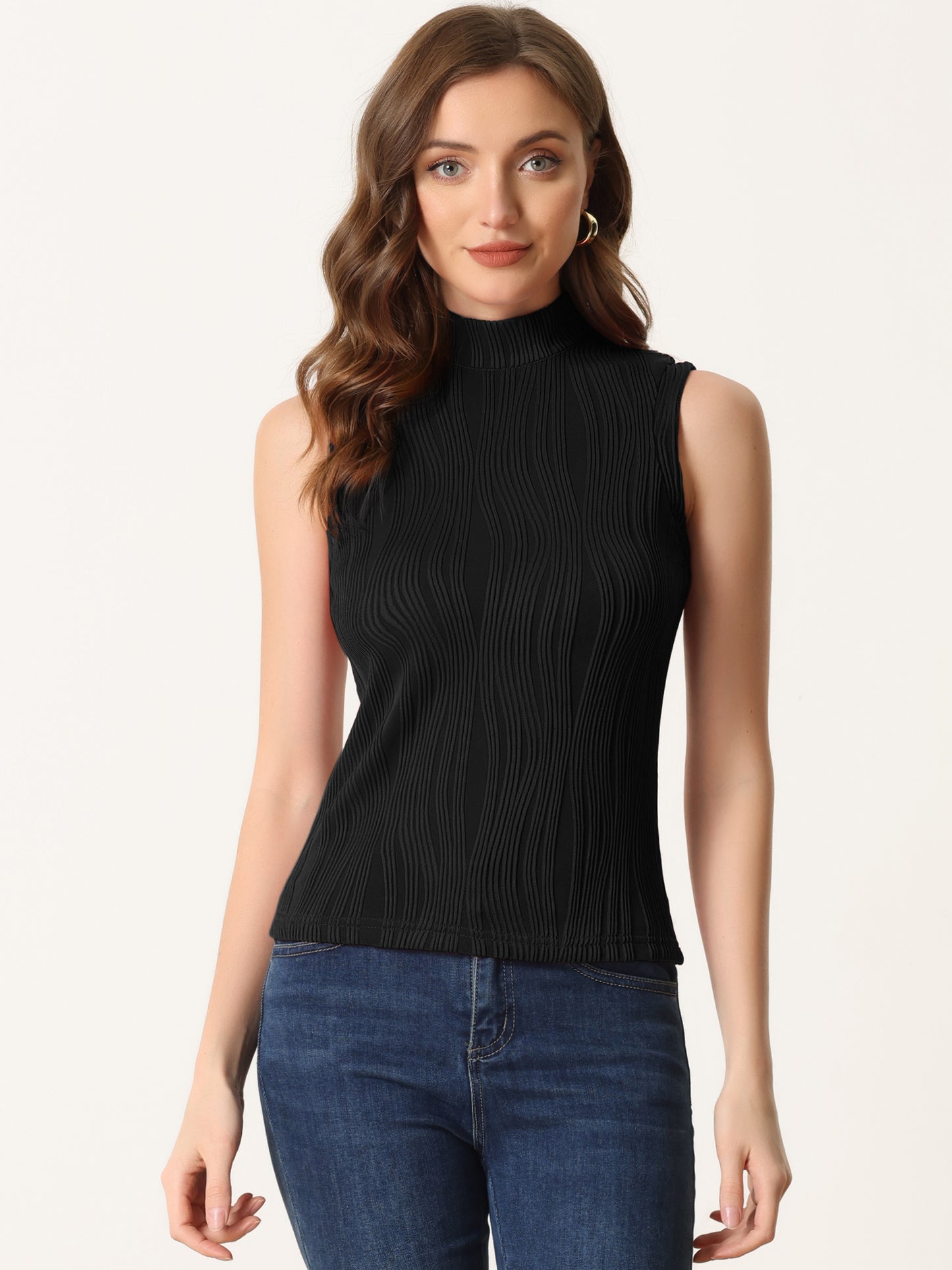 Women's Sleeveless Fitted Top Mock Neck Textured Ribbed Knit Tank Tops