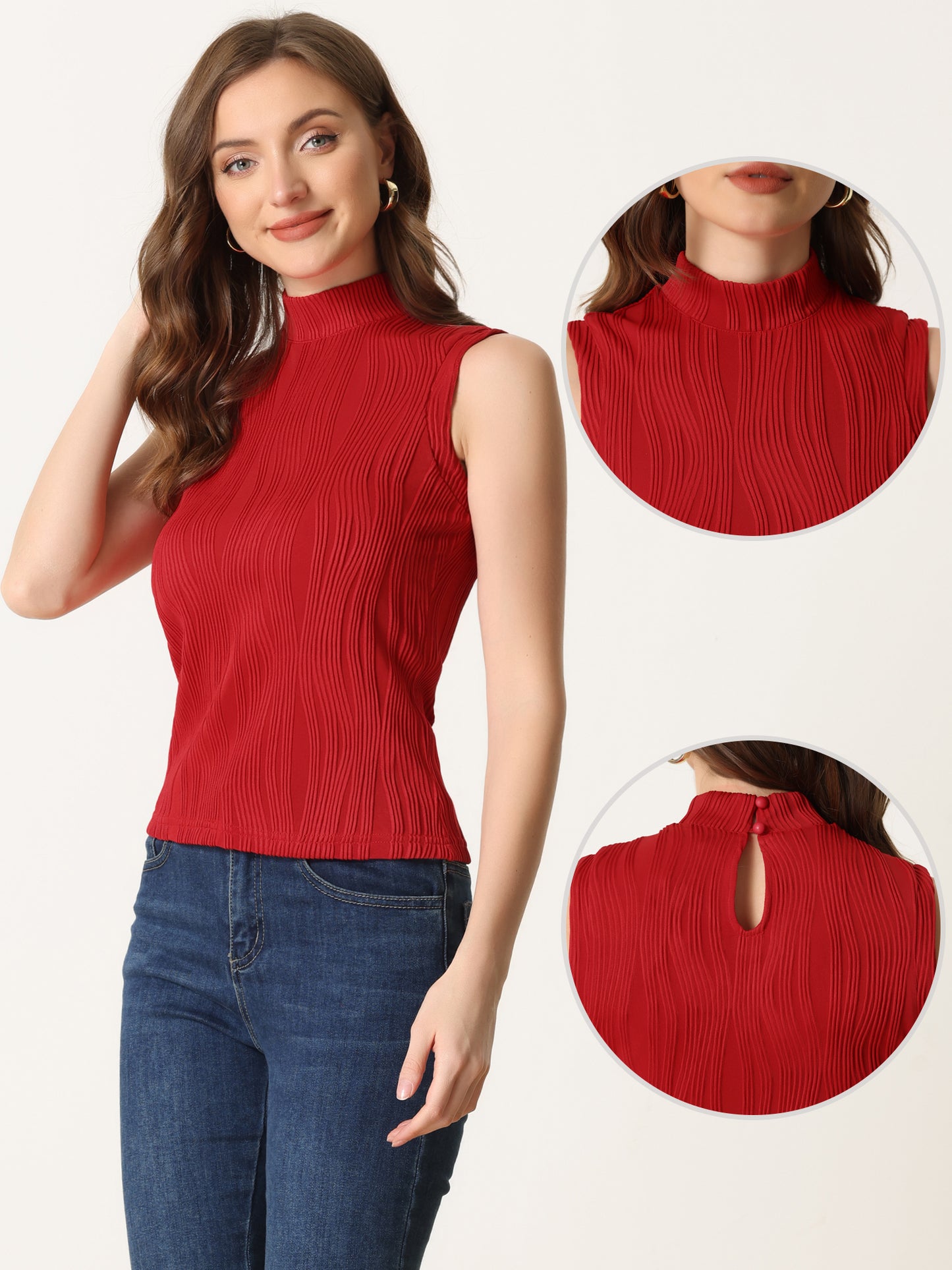 Women's Sleeveless Fitted Top Mock Neck Textured Ribbed Knit Tank Tops