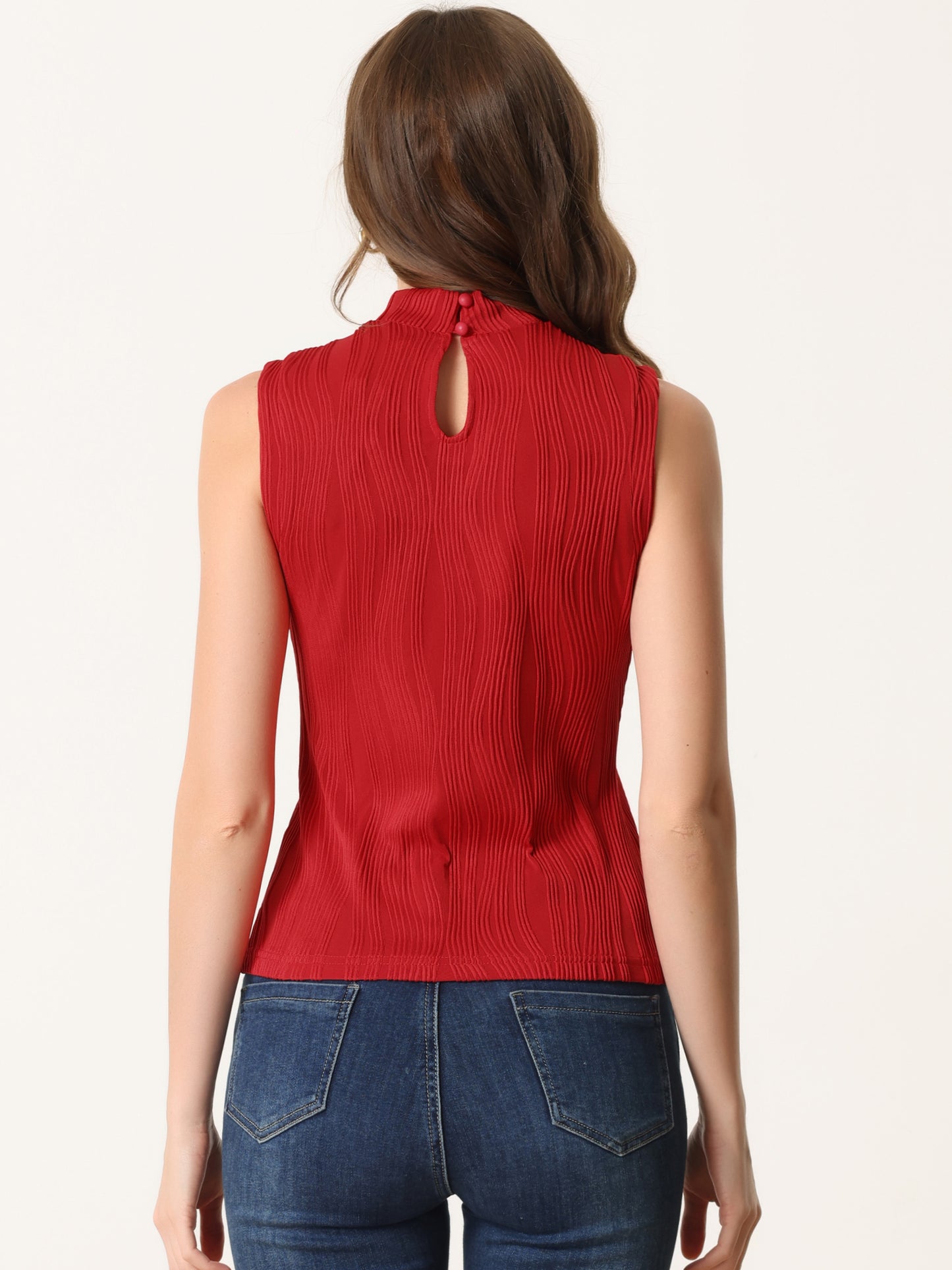 Women's Sleeveless Fitted Top Mock Neck Textured Ribbed Knit Tank Tops