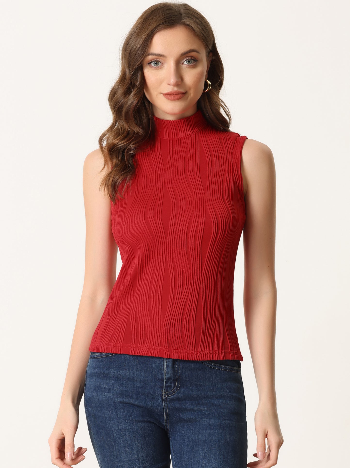 Women's Sleeveless Fitted Top Mock Neck Textured Ribbed Knit Tank Tops