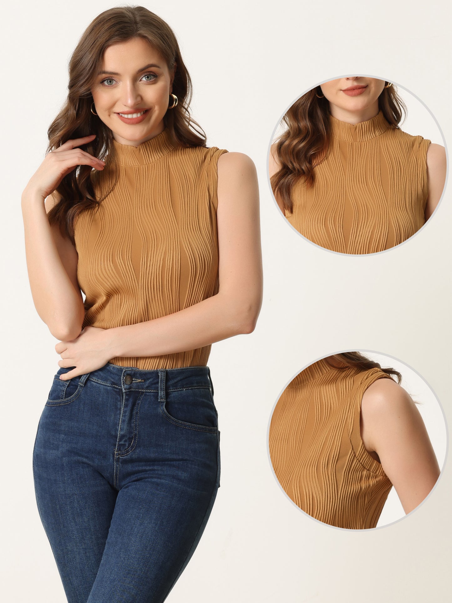 Women's Sleeveless Fitted Top Mock Neck Textured Ribbed Knit Tank Tops
