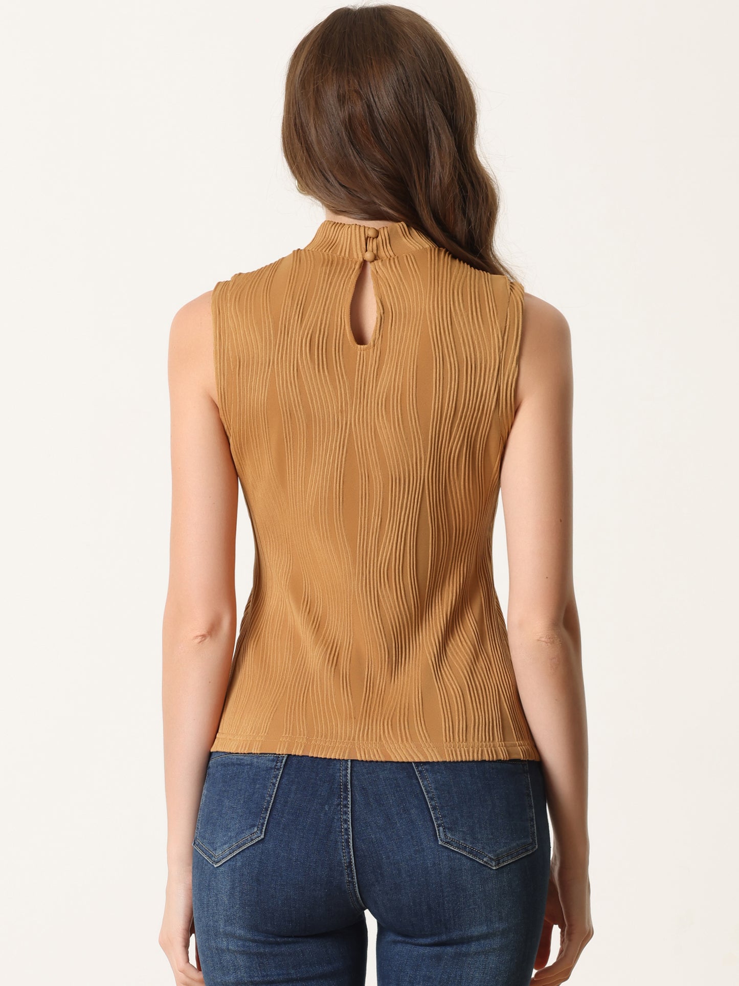 Women's Sleeveless Fitted Top Mock Neck Textured Ribbed Knit Tank Tops