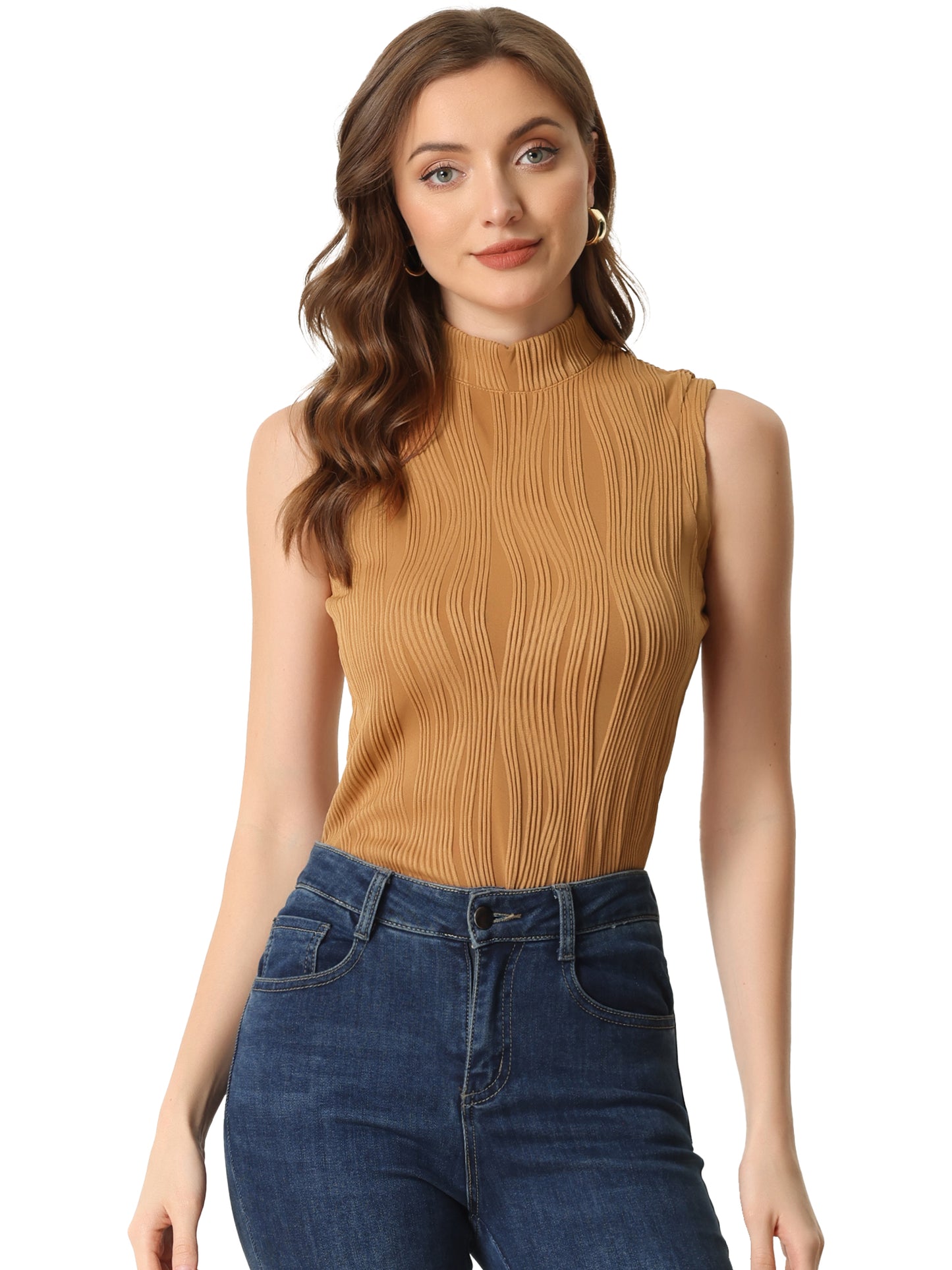 Women's Sleeveless Fitted Top Mock Neck Textured Ribbed Knit Tank Tops