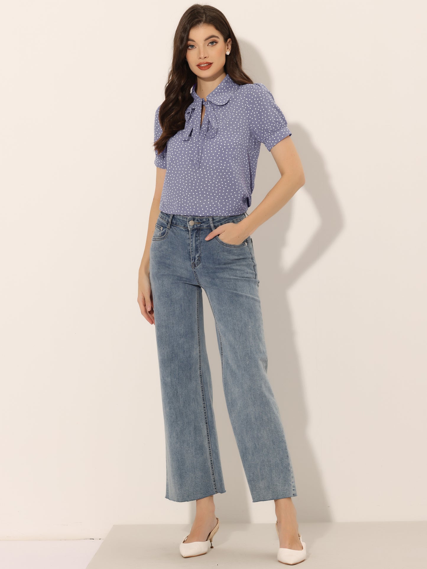 Women's Retro Printed Bow Tie Peter Pan Collar Chiffon Blouse Shirt