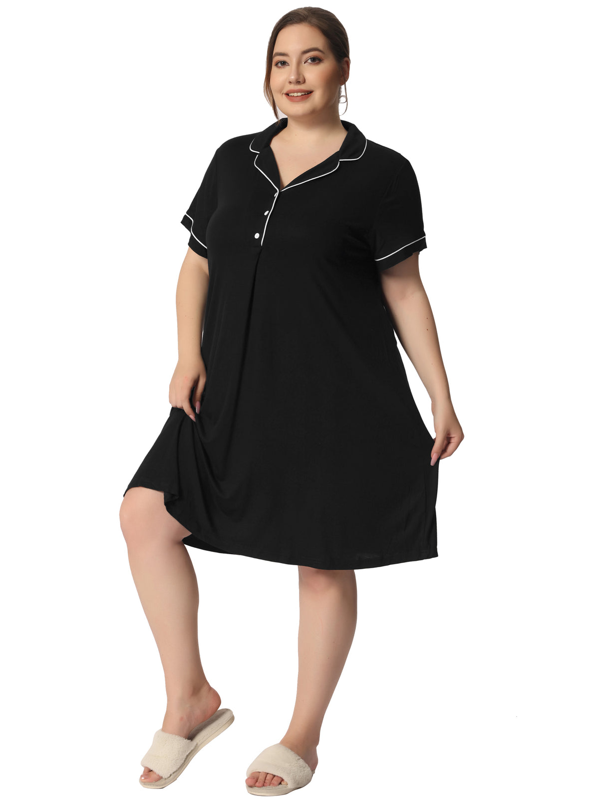 Women Plus Size Sleep Shirt Short Sleeves Pajama Button Down Sleepwear