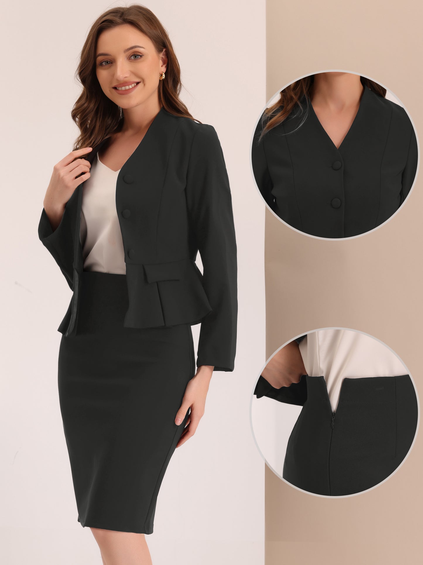 Women's Business 2 Piece Suit Set Long Sleeve Collarless Peplum Blazer Pencil Skirt