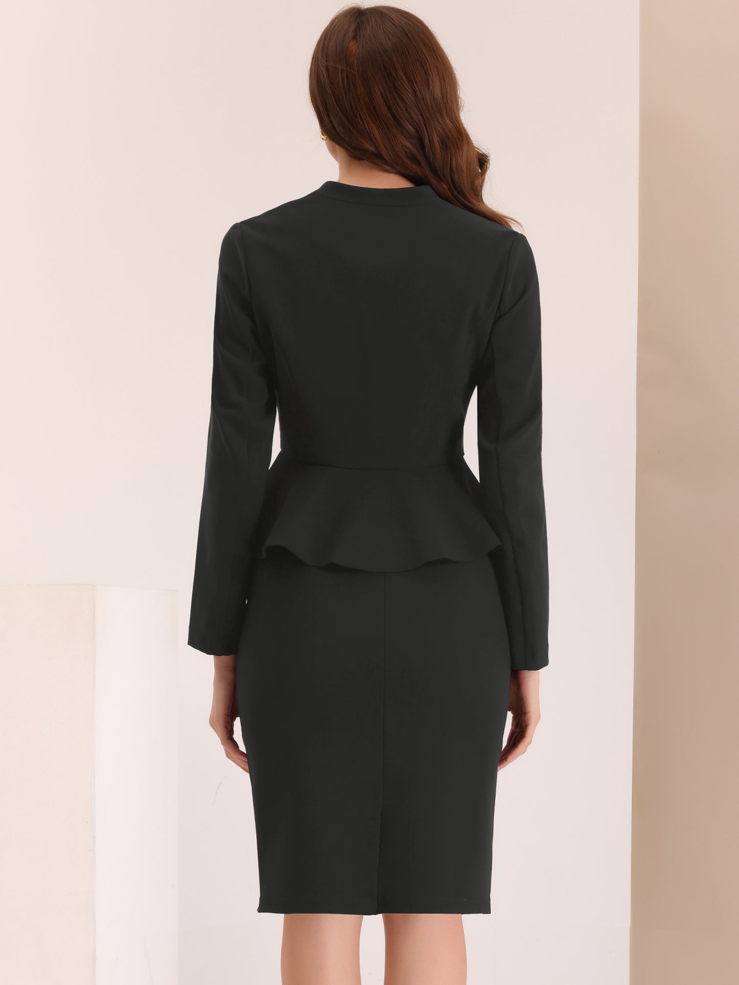 Women's Business 2 Piece Suit Set Long Sleeve Collarless Peplum Blazer Pencil Skirt