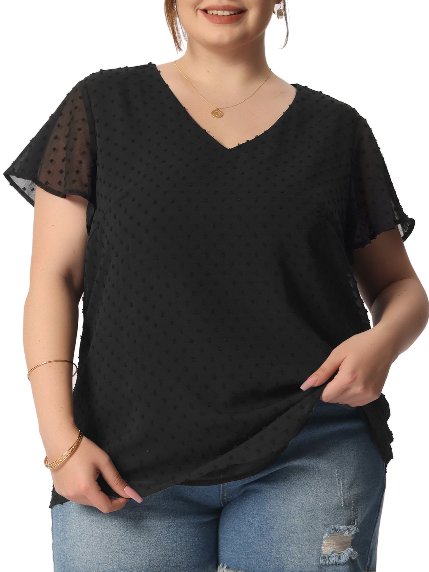 Women Plus Size Swiss Dots Blouse V Neck Summer Short Sleeve Casual Top
