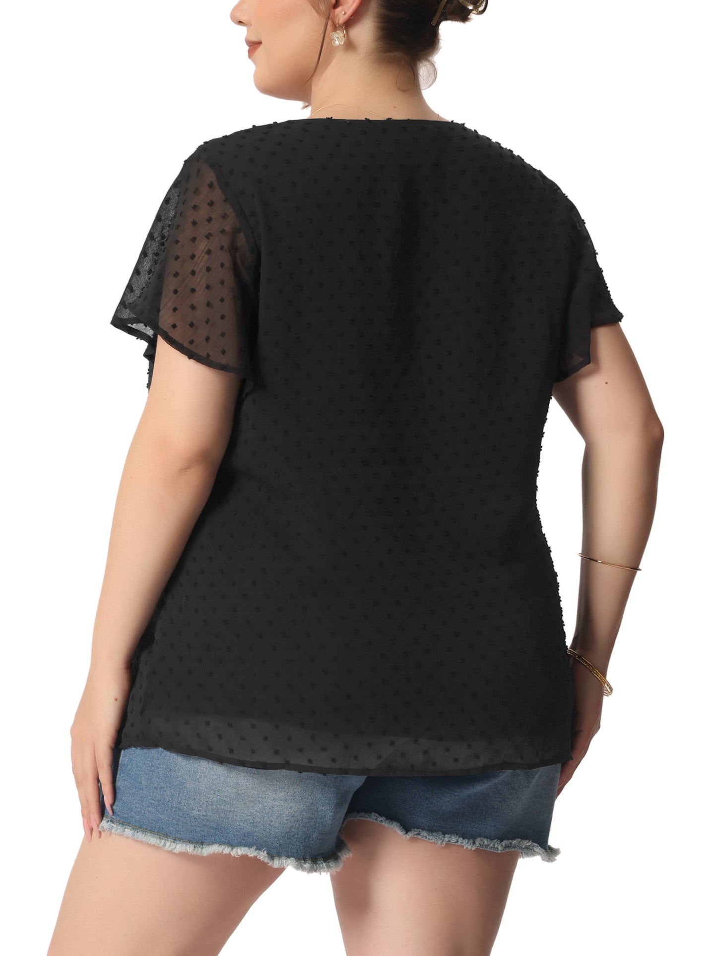 Women Plus Size Swiss Dots Blouse V Neck Summer Short Sleeve Casual Top