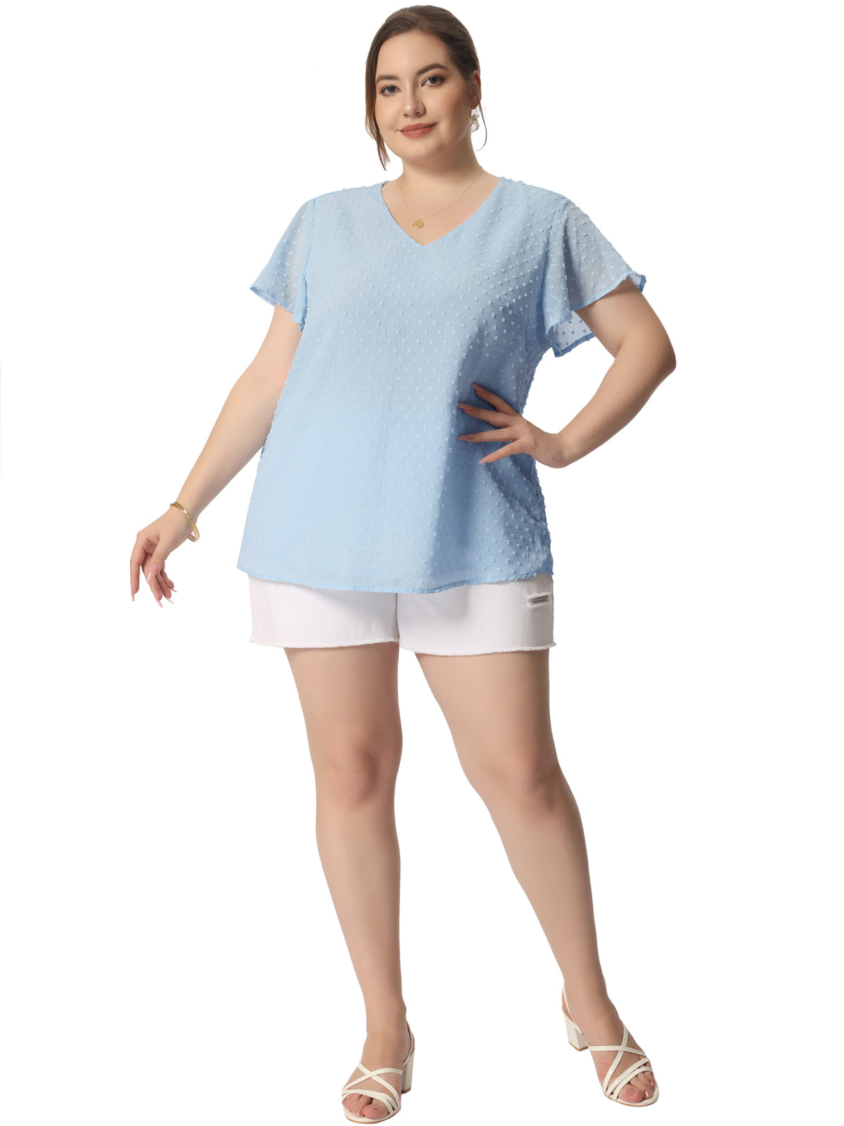 Women Plus Size Swiss Dots Blouse V Neck Summer Short Sleeve Casual Top