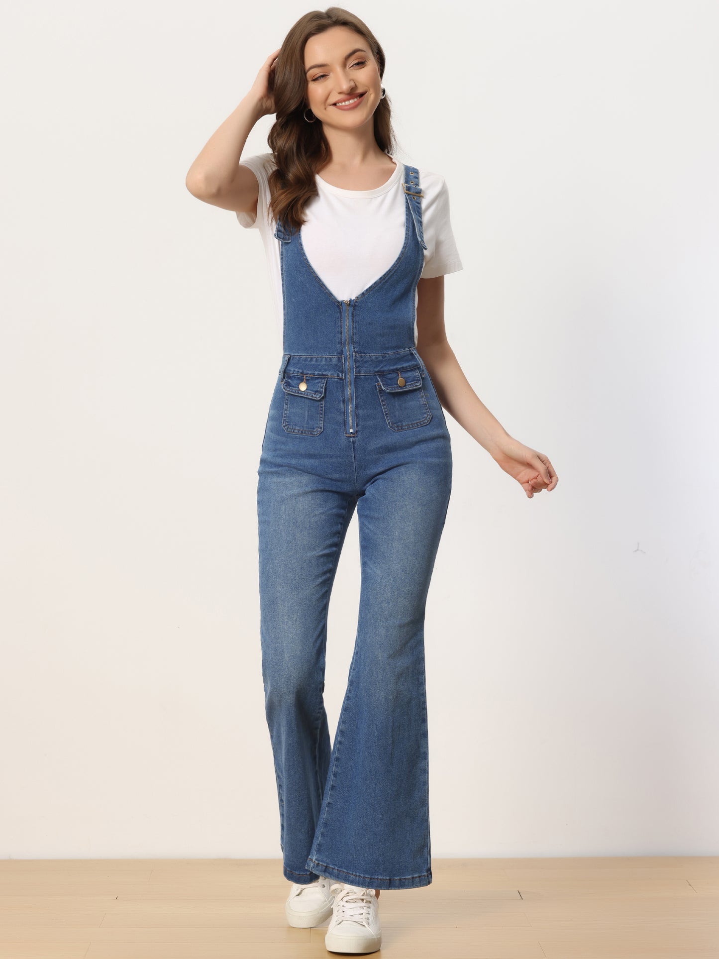 Women's Overalls Jeans Casual Adjustable Bib Bell Bottom Denim Pants Jumpsuits