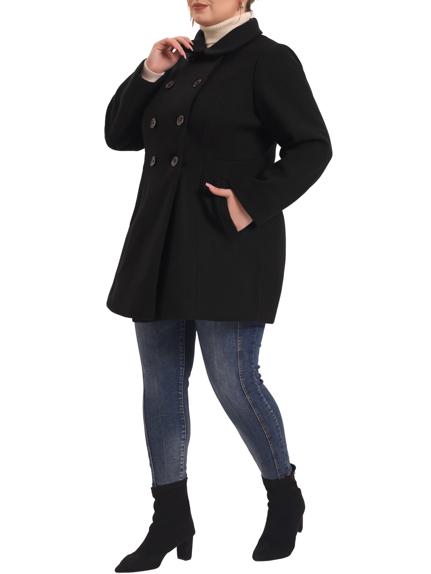 Women Plus Size Coat Peter Pan Collar Double Breasted Winter Warm Coat with Pockets
