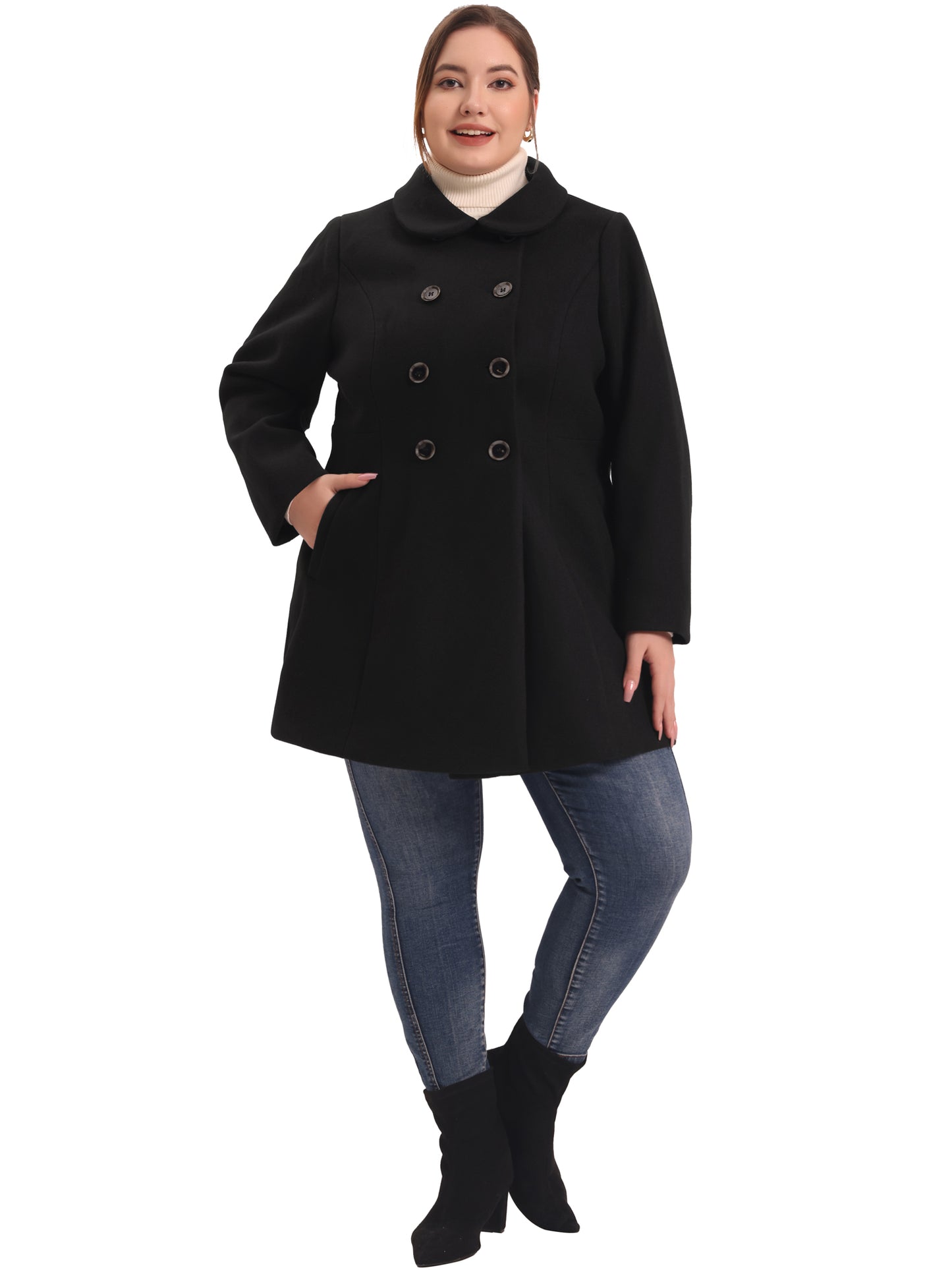 Women Plus Size Coat Peter Pan Collar Double Breasted Winter Warm Coat with Pockets