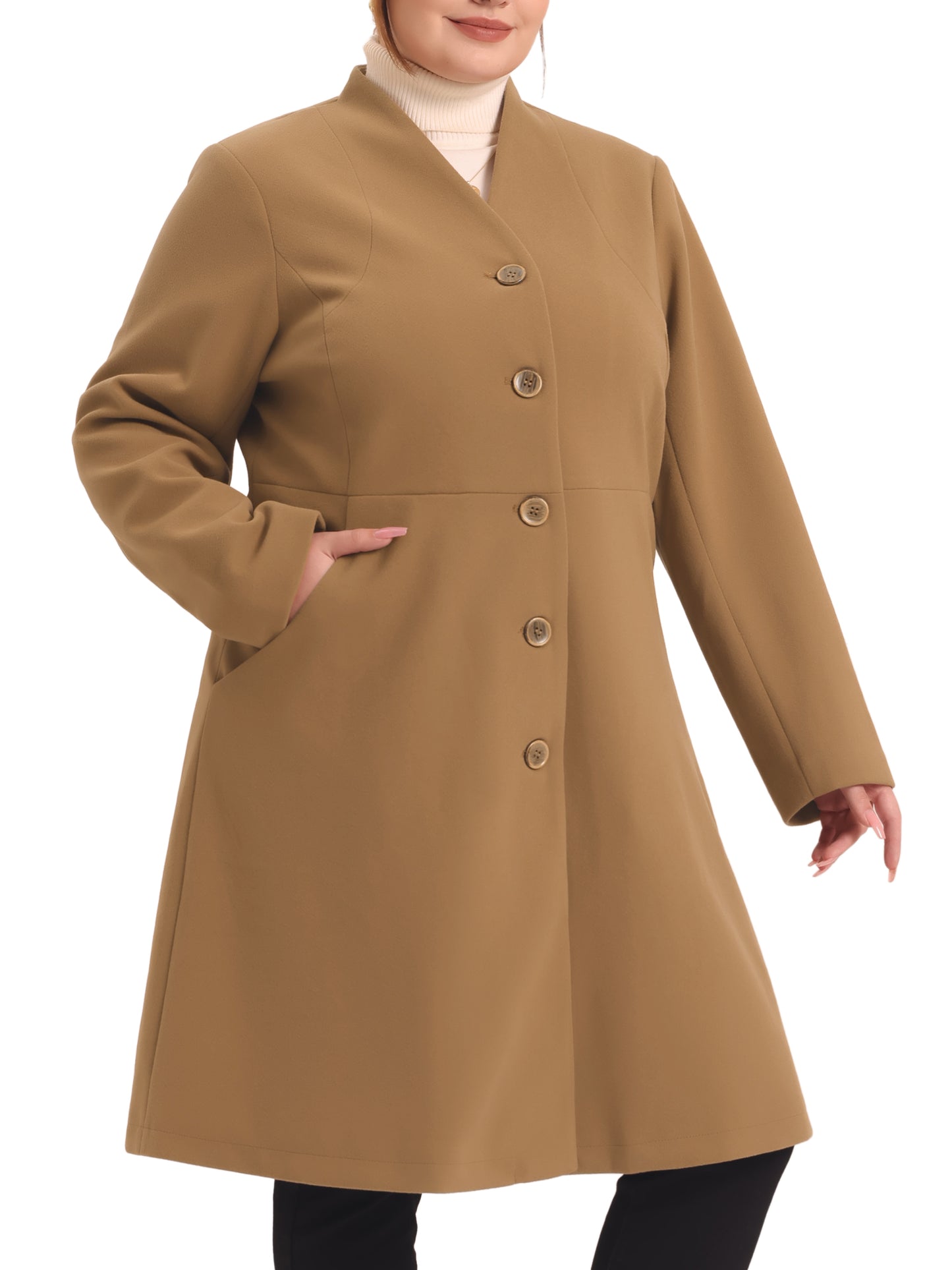 Women Plus Size Elegant Coats Winter Overcoat V Neck Single Breasted Long Coat with Pockets
