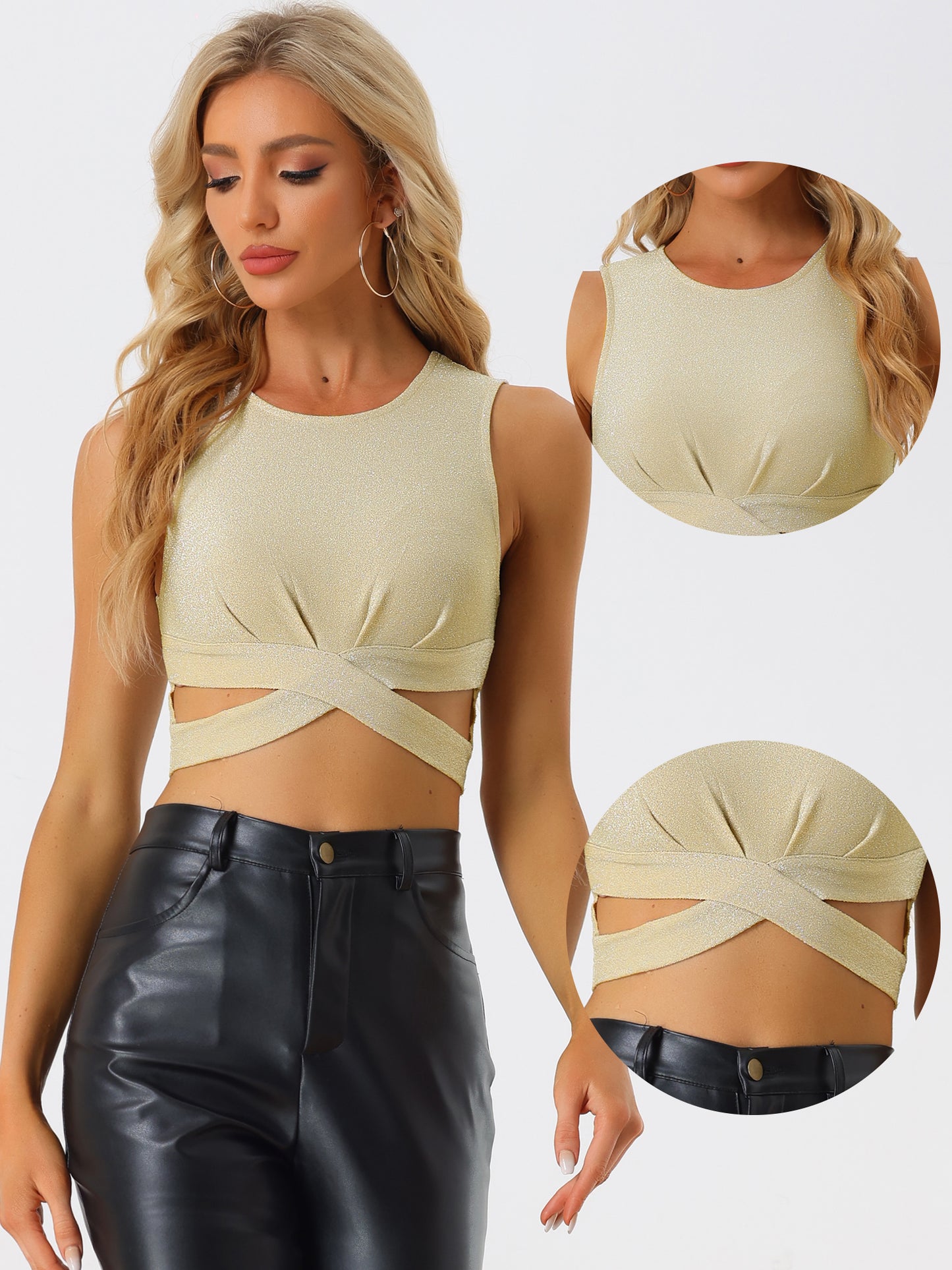 Women's Glitter Crop Top Sparkly Party Cutout Sleeveless Slim Fit Top