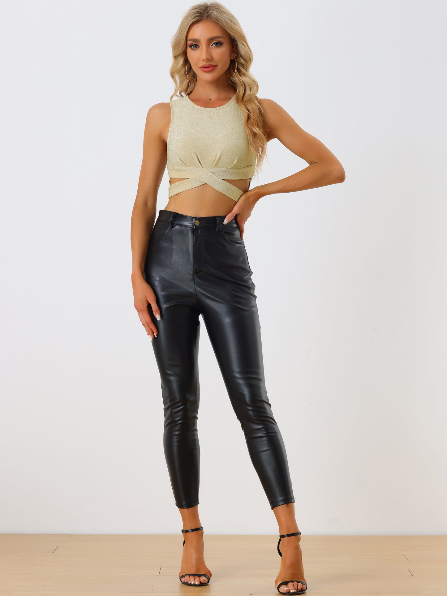 Women's Glitter Crop Top Sparkly Party Cutout Sleeveless Slim Fit Top