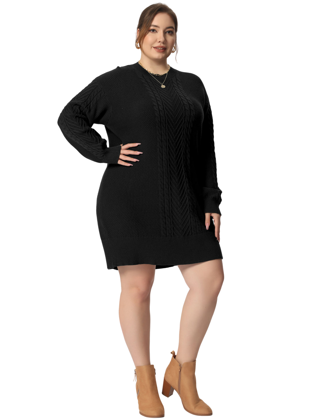 Women Plus Size Fall Crewneck Long Sleeve Knit Tunic Pullover Short Sweater Dress